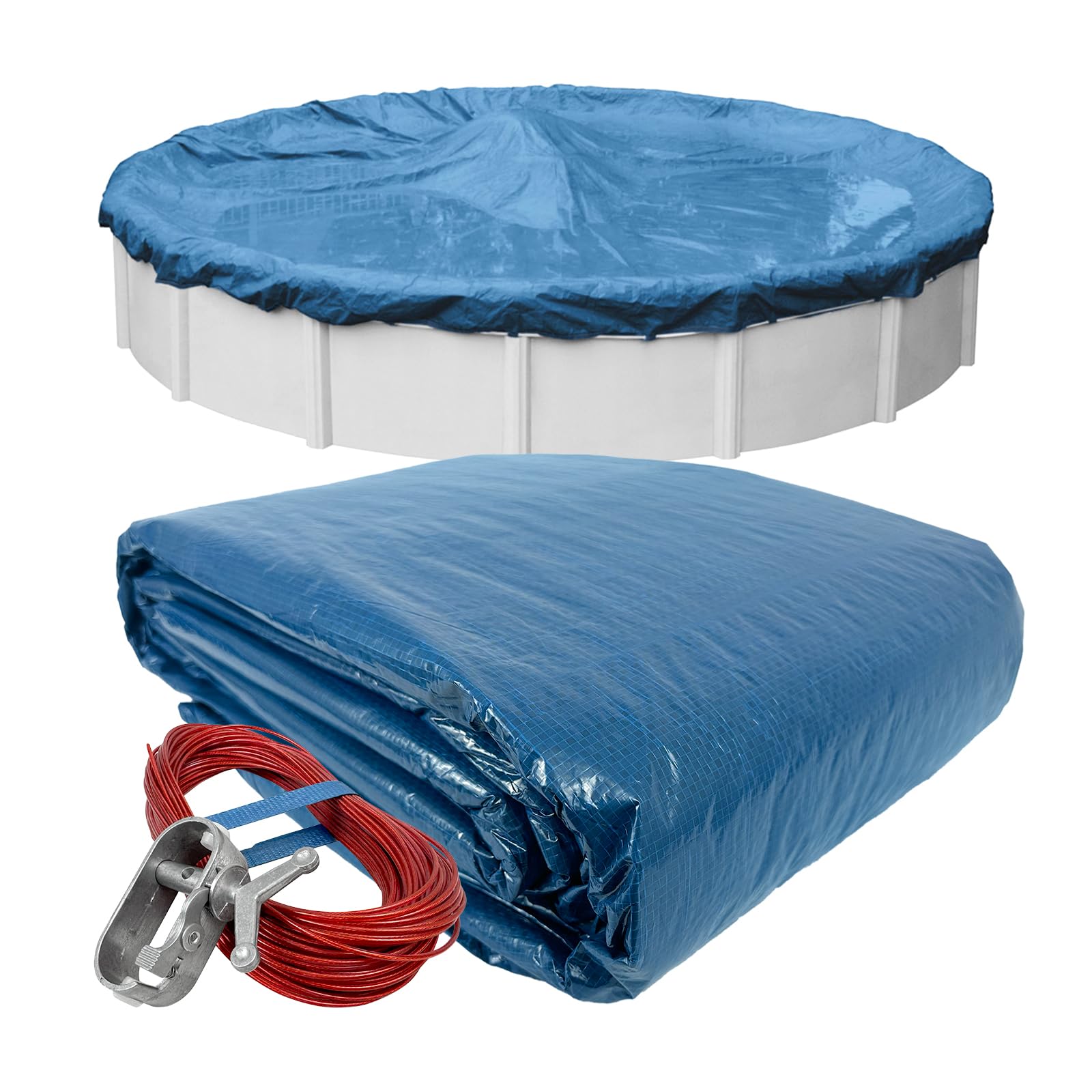 Robelle blue heavy-duty winter pool cover installed on a round above-ground pool, with the folded cover, red cable, and winch shown below