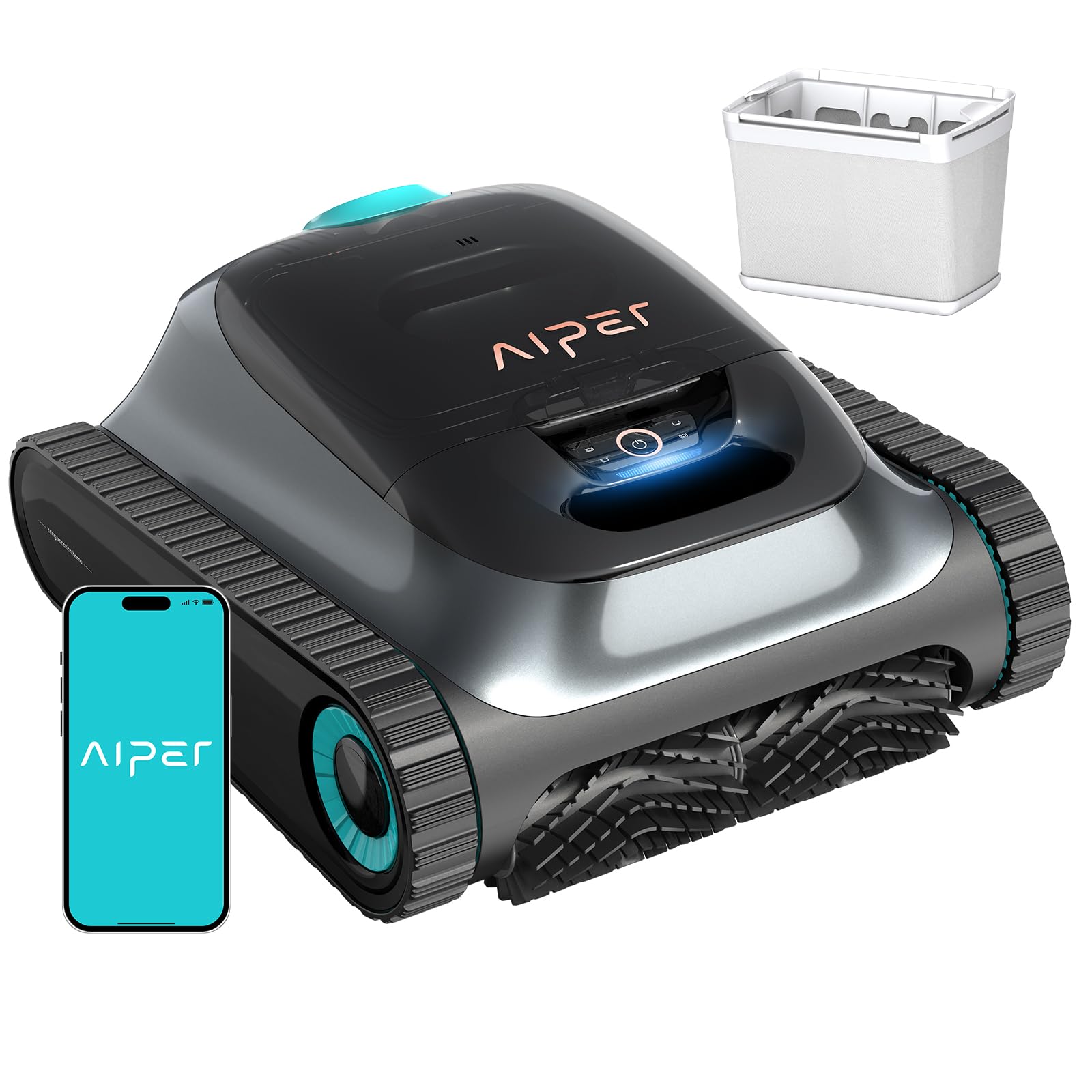 Aiper Scuba S1 robotic pool cleaner in grey with tracked treads and a top power button, shown with the phone app and a white filter basket