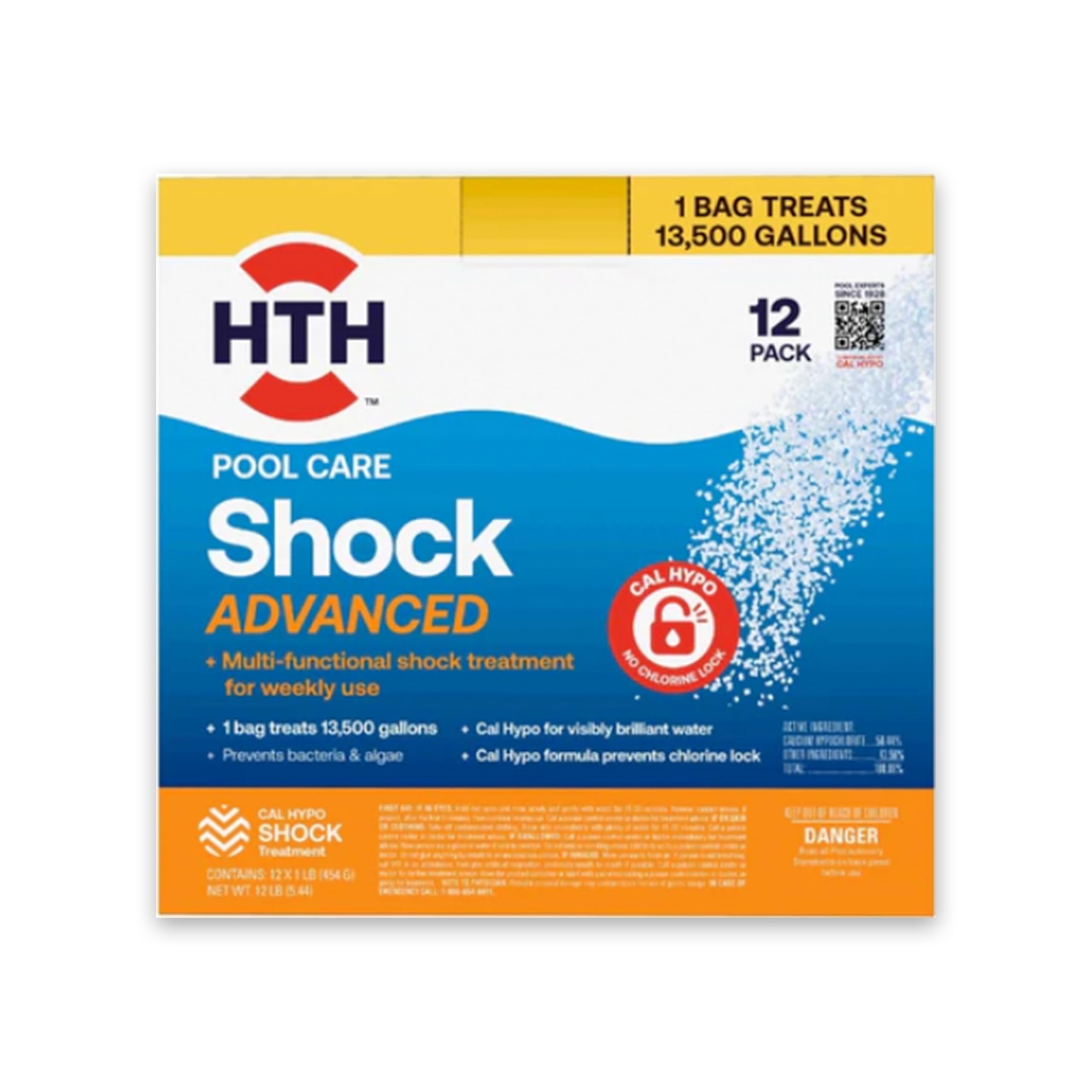 HTH Pool Care Shock Advanced 12-pack box, Cal Hypo formula with a No Chlorine Lock badge