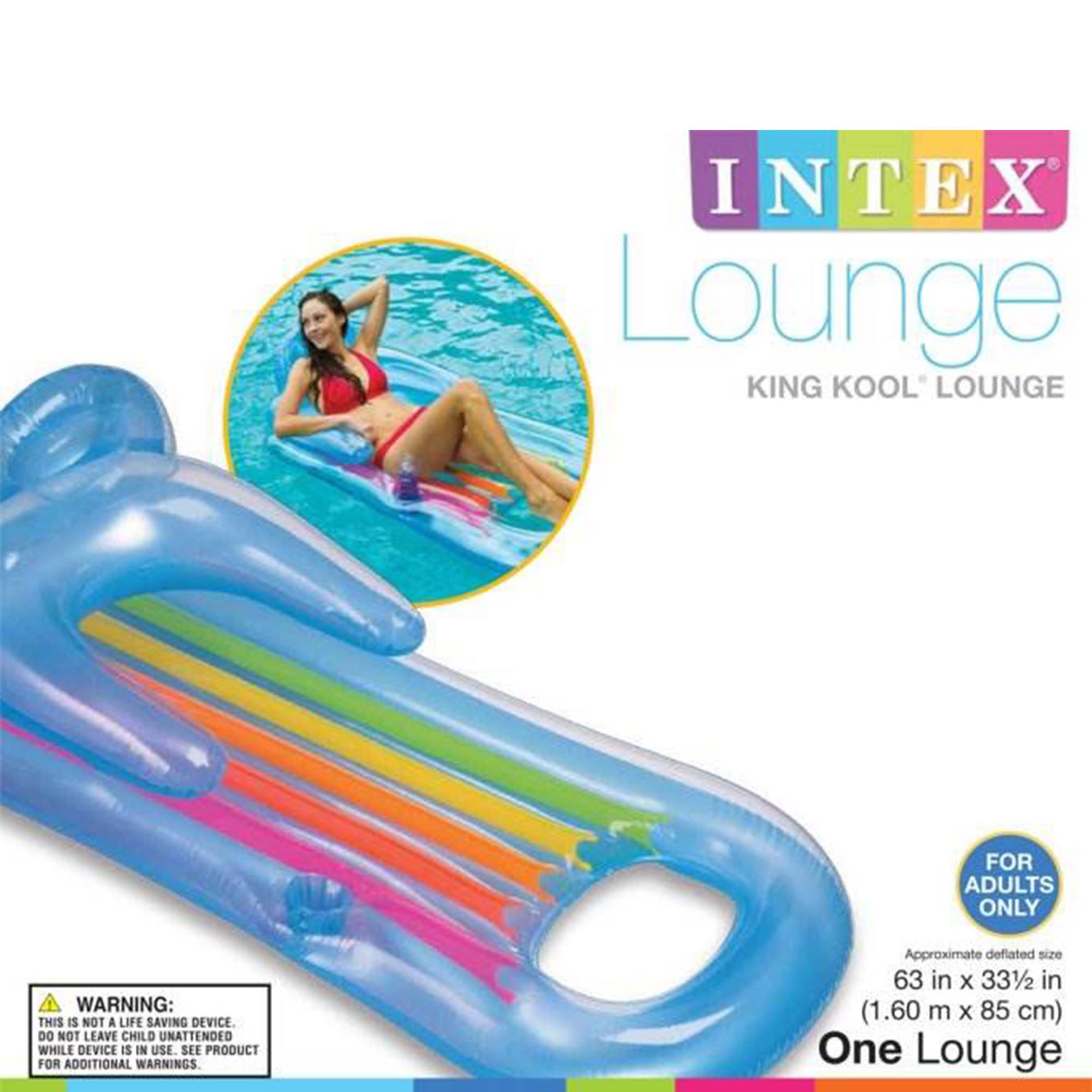 Intex King Kool Lounge packaging, blue version, marked for adults only with deflated size 63 by 33.5 inches