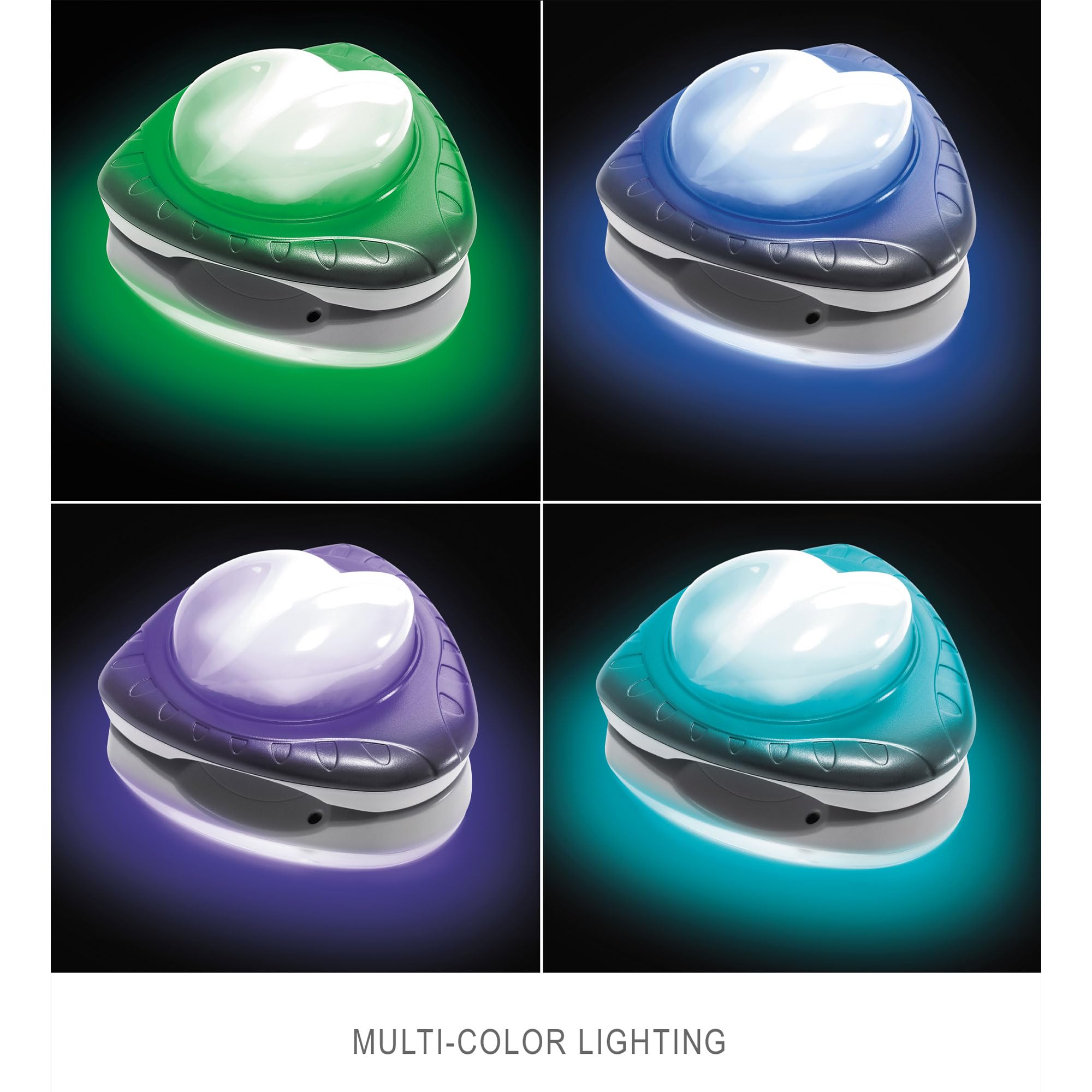 Intex LED light multi-color lighting graphic showing green, white, purple, and teal color modes