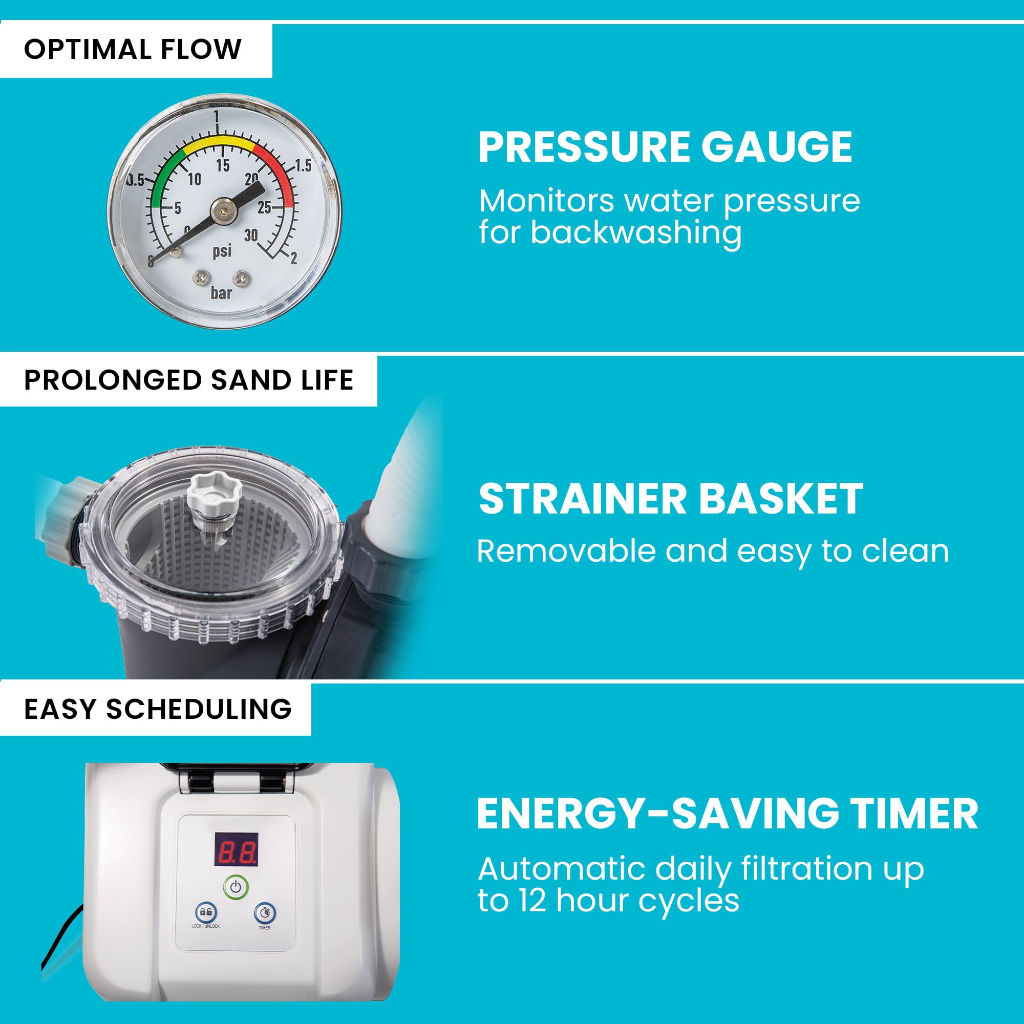 Intex sand filter pump features: pressure gauge, removable strainer basket and energy-saving timer