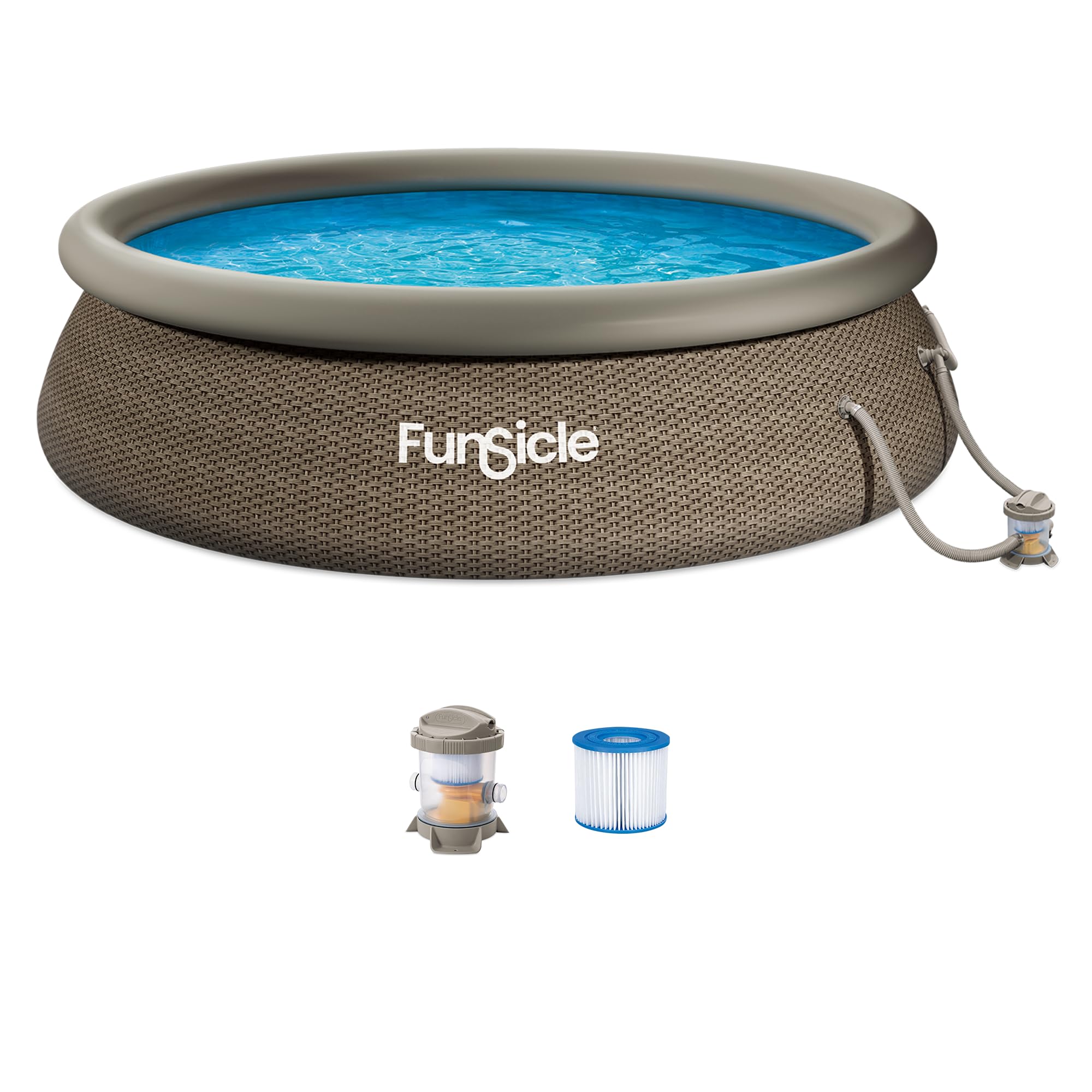 Funsicle QuickSet Designer 12 ft round inflatable above-ground pool in brown basketweave print with filter pump and cartridge