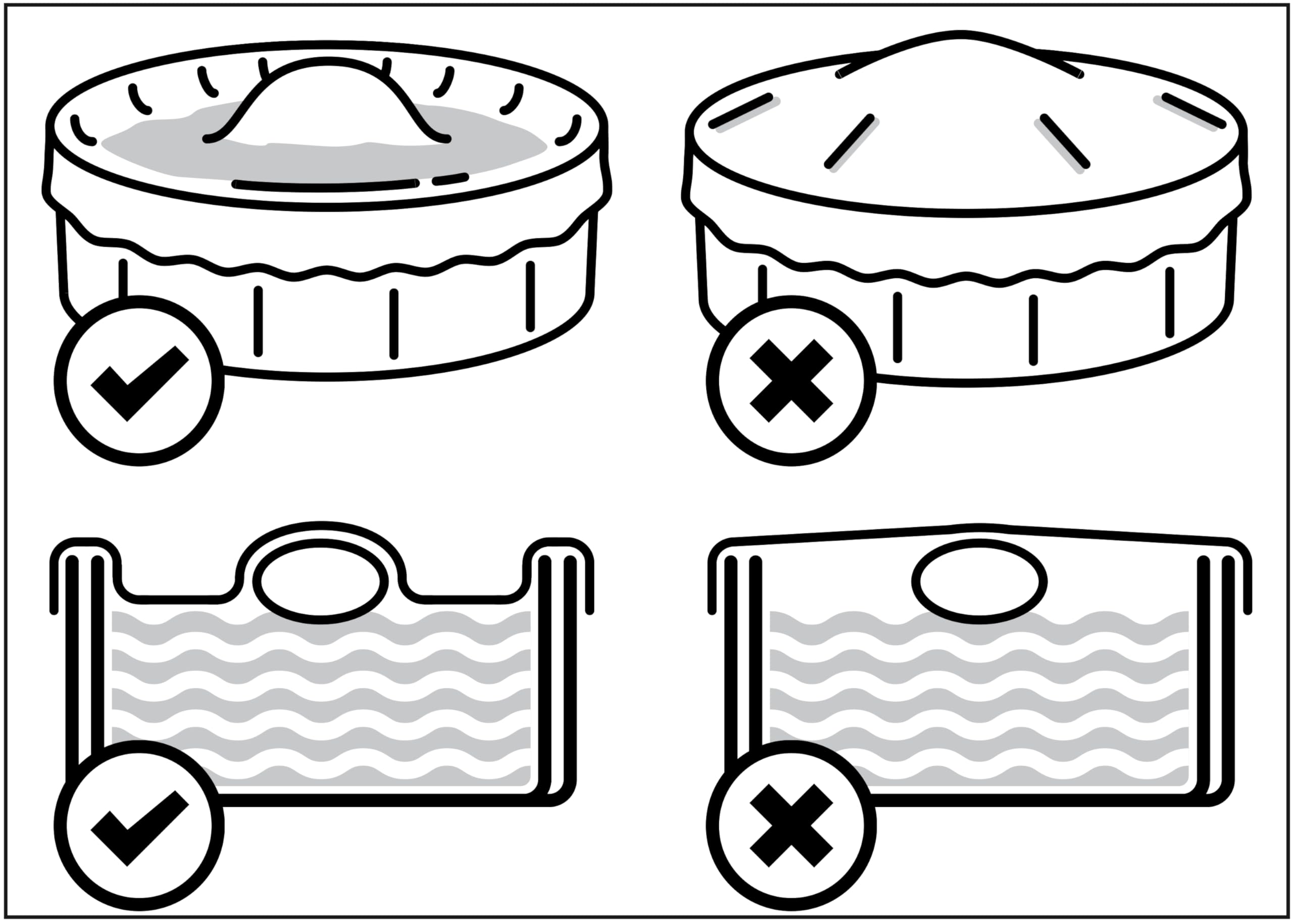 Line diagram showing correct versus incorrect use of an ice equalizer pillow beneath the winter cover