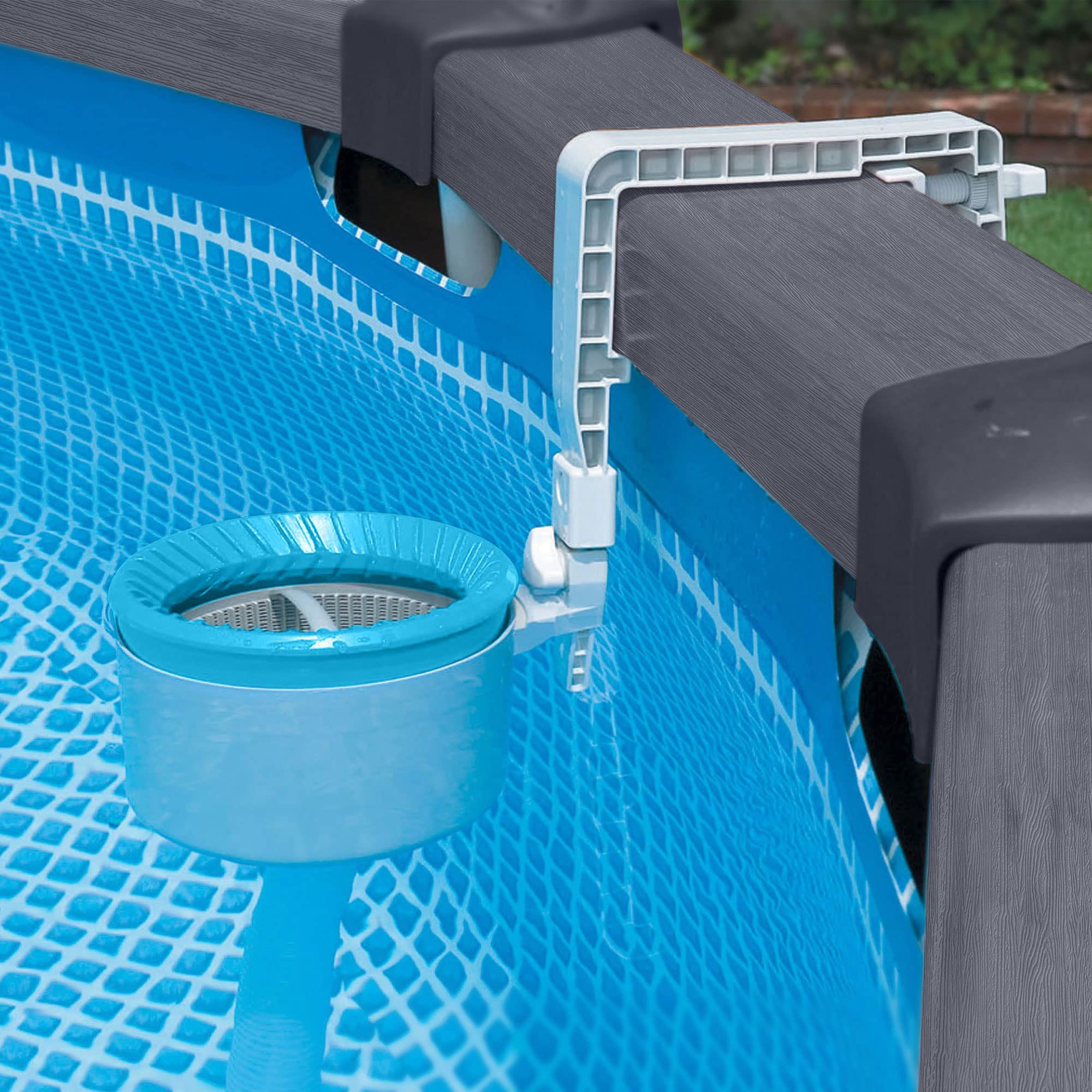 Intex skimmer adjustable bracket clamped onto the top rail of a Prism frame above-ground pool