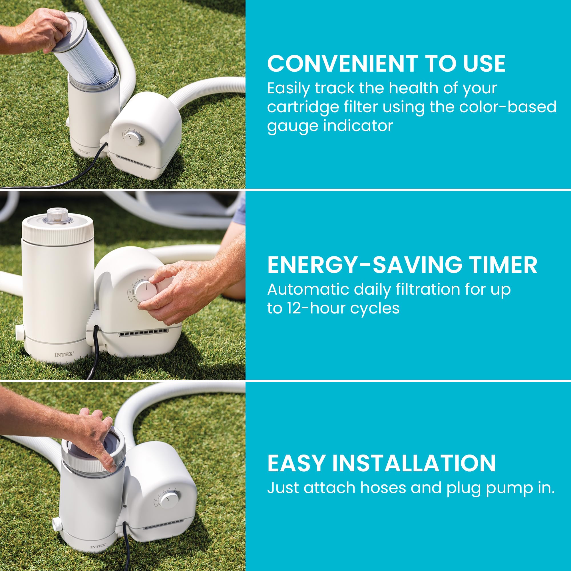Intex C1500 feature triptych: convenient cartridge gauge, energy-saving timer up to 12-hour cycles, and easy hose installation