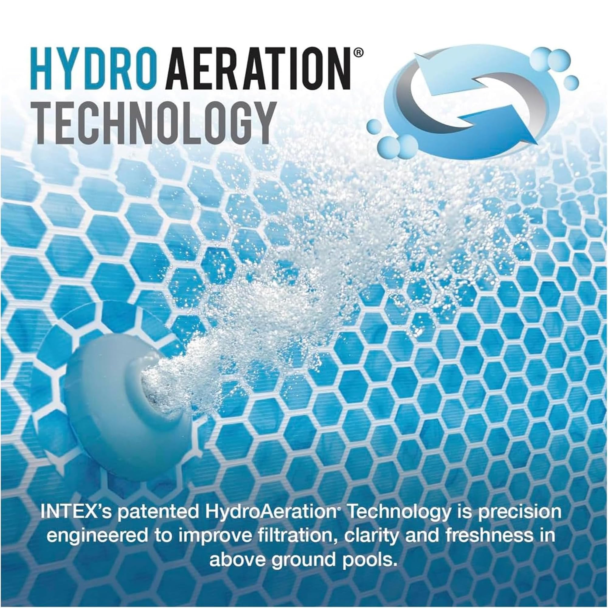 Intex HydroAeration Technology graphic showing aerated water for improved filtration and clarity