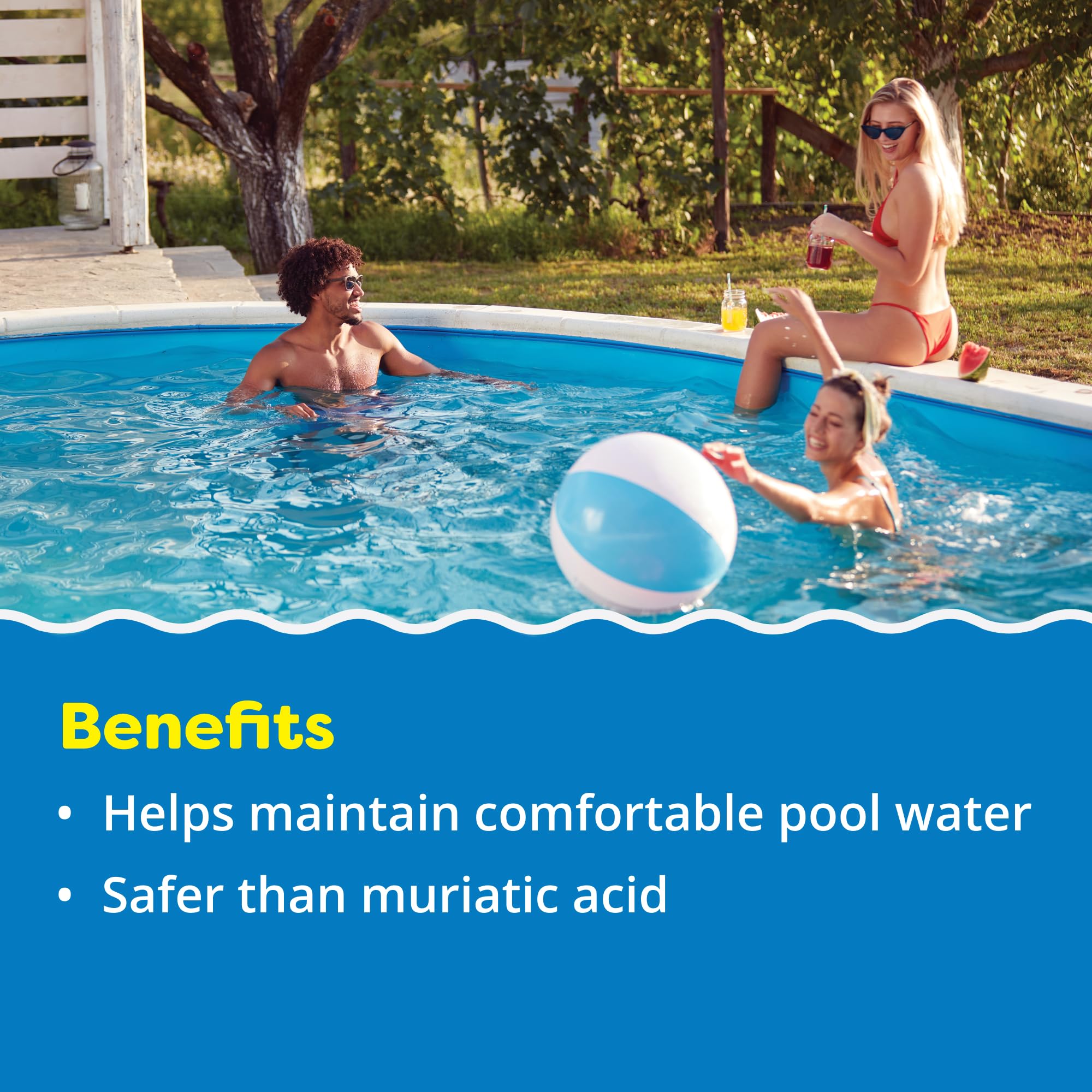 In The Swim Alkalinity Increaser benefit graphic over a backyard pool scene: helps maintain comfortable pool water