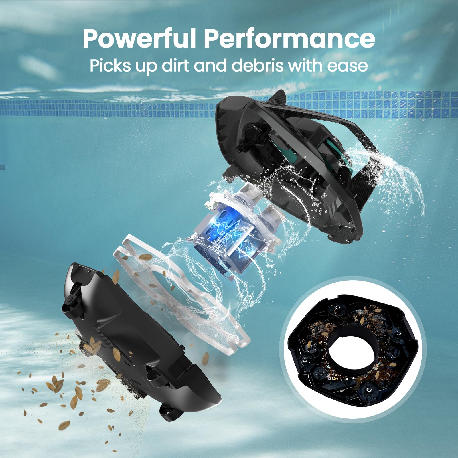 Powerful Performance graphic: underwater cutaway of the Aiper Seagull SE's suction motor with an inset of the debris-filled filter basket