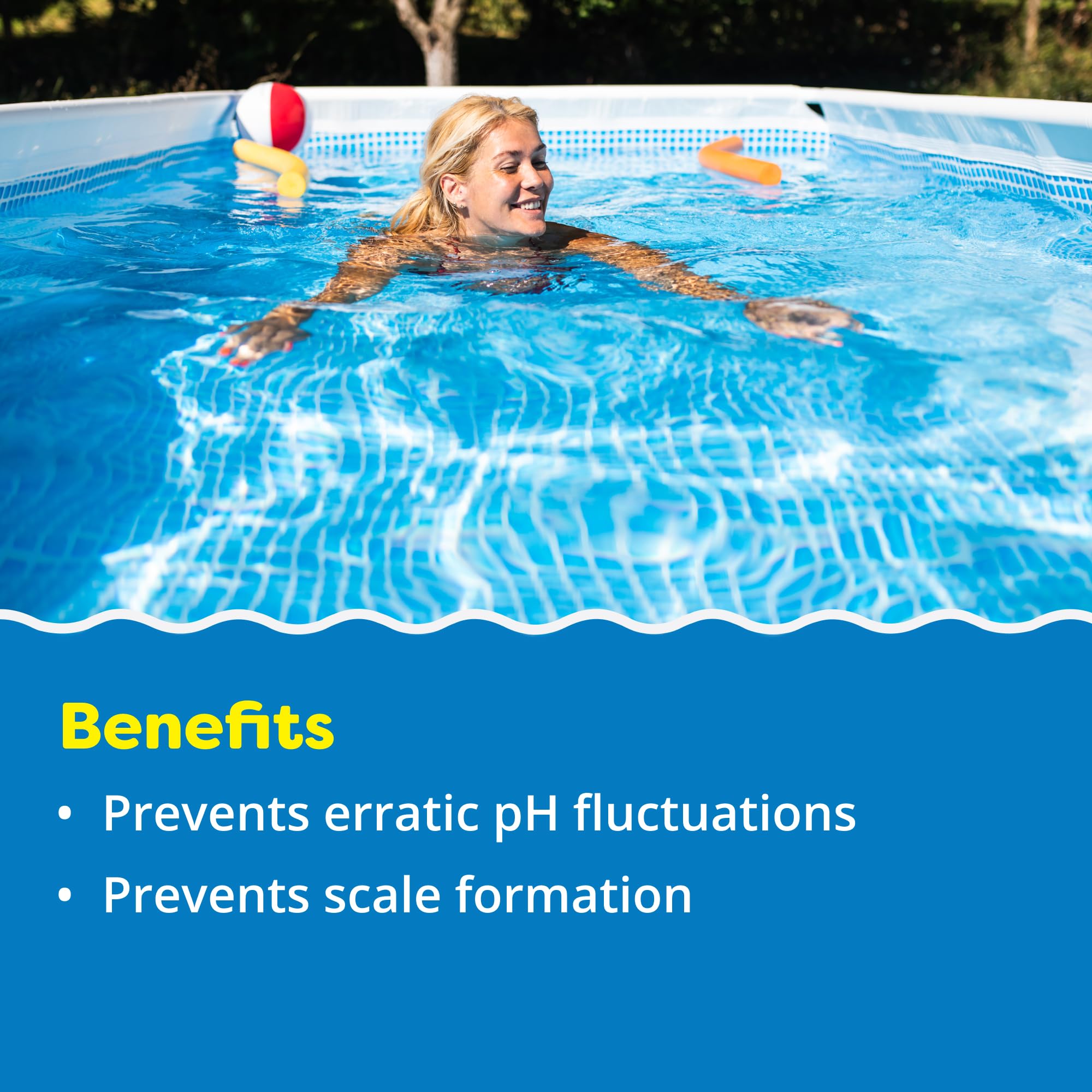 In The Swim Alkalinity Increaser benefit graphic over a photo of a woman swimming in an above-ground pool: prevents erratic pH fluctuations and scale formation