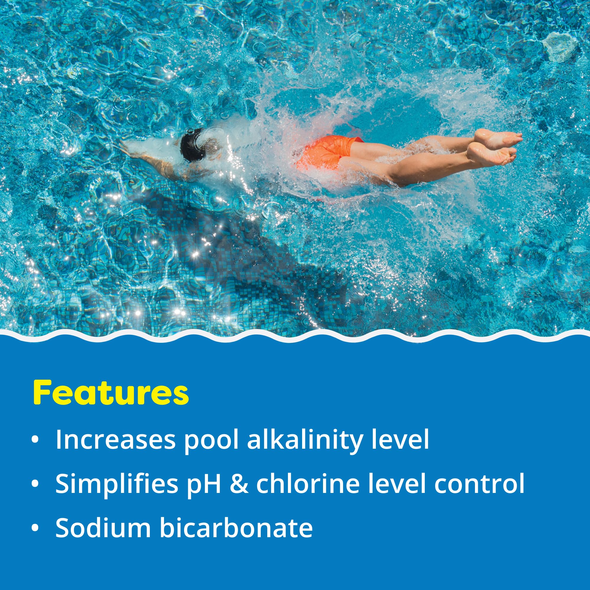 In The Swim Alkalinity Increaser feature graphic over a swimmer: increases pool alkalinity, simplifies pH and chlorine control, 100% sodium bicarbonate