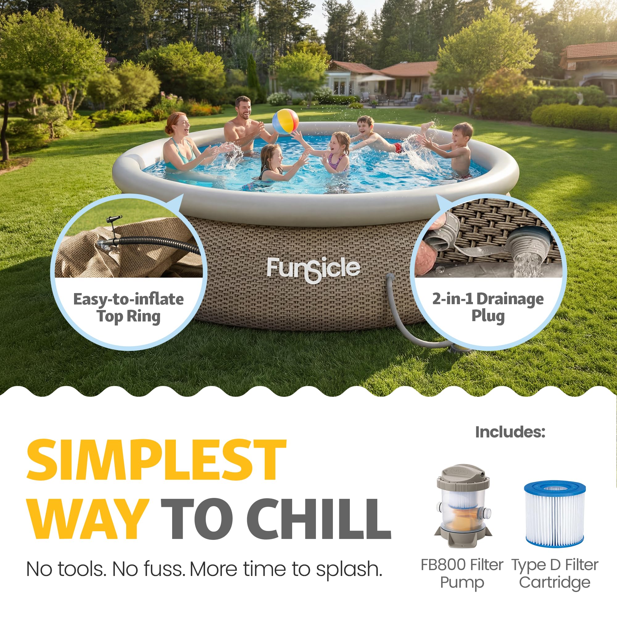 Funsicle QuickSet Designer pool with easy-inflate top ring and included FiltraBoost 800 pump and Type D cartridge