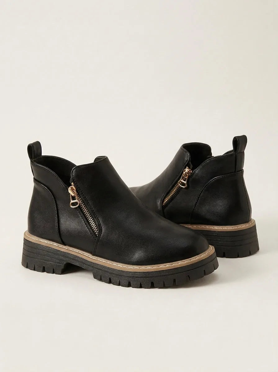 Black Faux Leather Ankle Boots with Side Zip Detail and Lug Sole - image 1