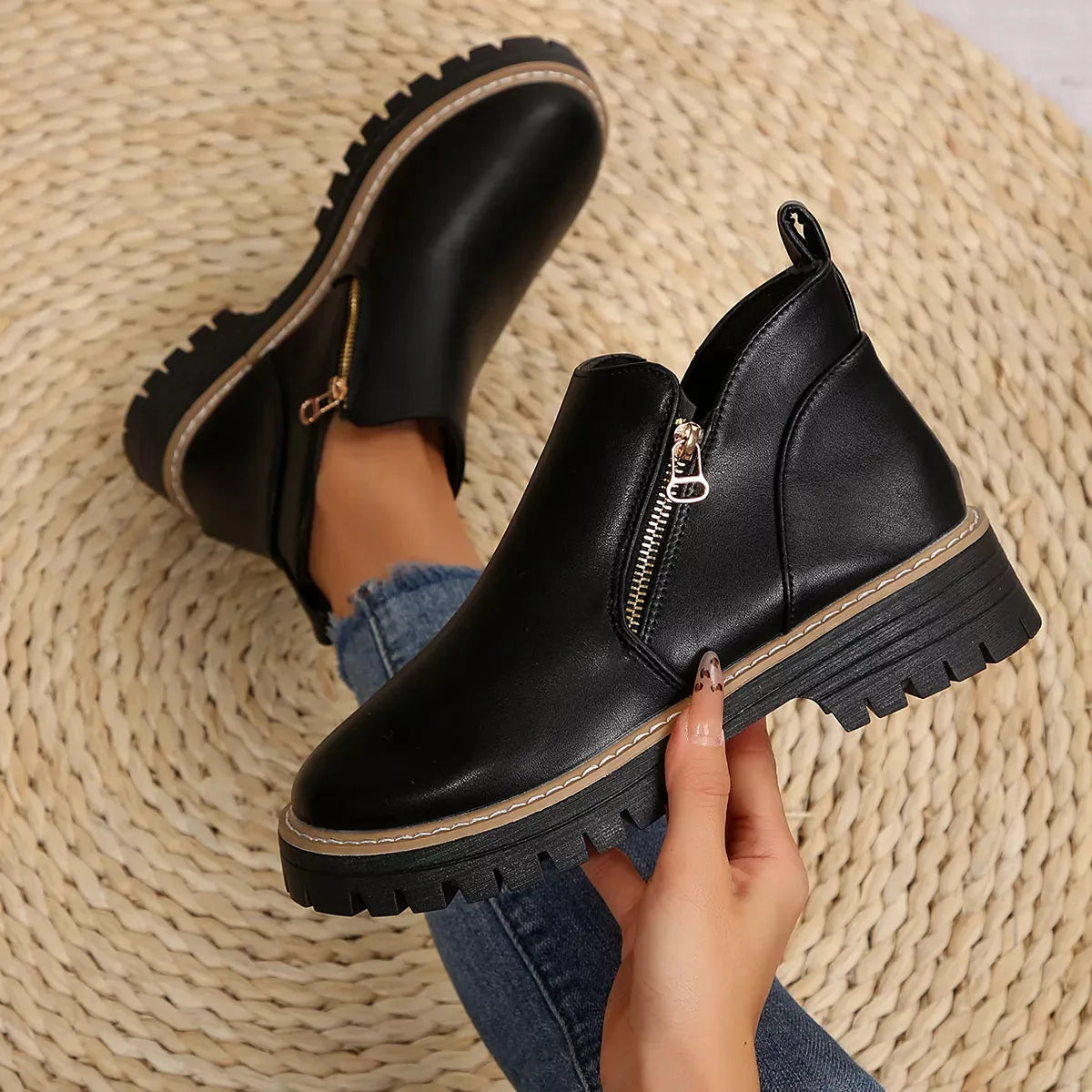 Black Faux Leather Ankle Boots with Side Zip Detail and Lug Sole - image 3