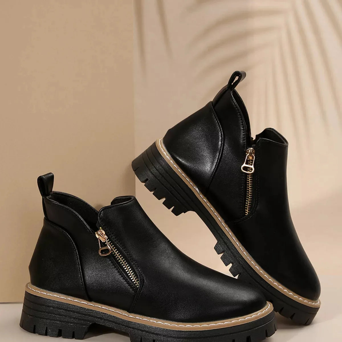 Black Faux Leather Ankle Boots with Side Zip Detail and Lug Sole - image 4