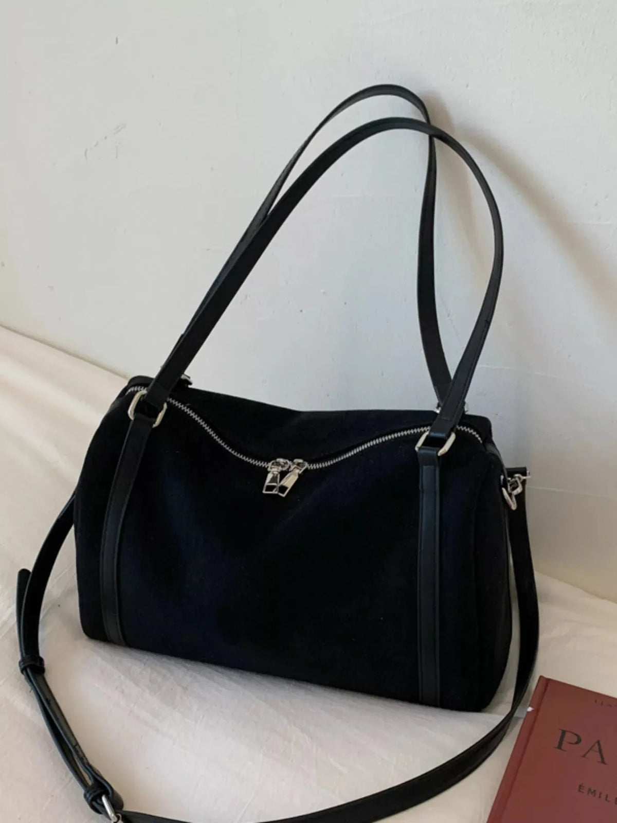 Black Suede Crossbody Bag with Top Handles - image 2