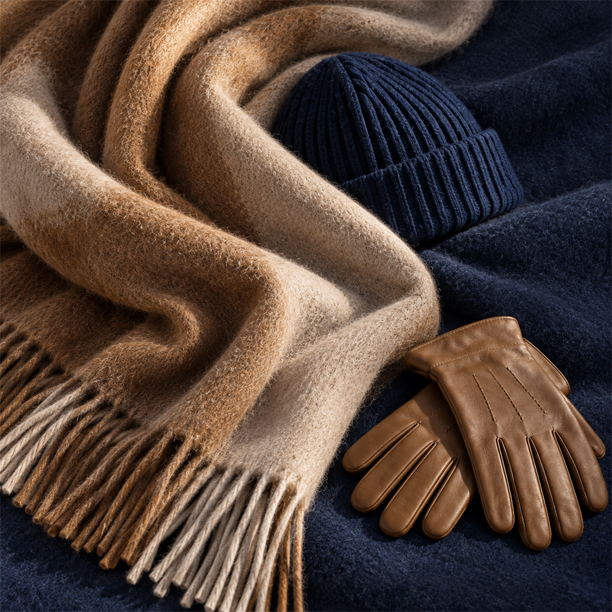 Close-up of a camel fringed scarf with a navy beanie and tan leather gloves on navy fabric