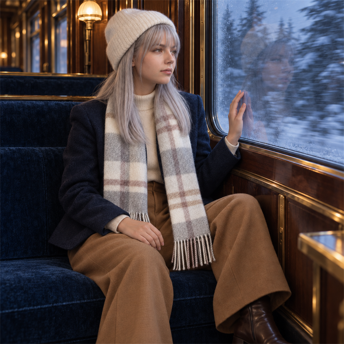 Woman in a cream beanie, plaid scarf and navy coat sitting by a train window with snowy trees outside