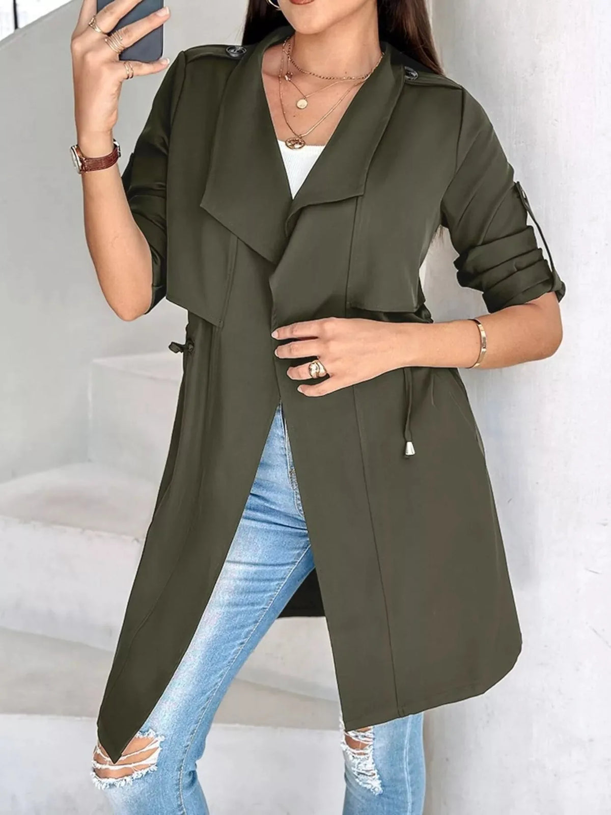 Draped Collar Drawstring Trench Coat - image 2