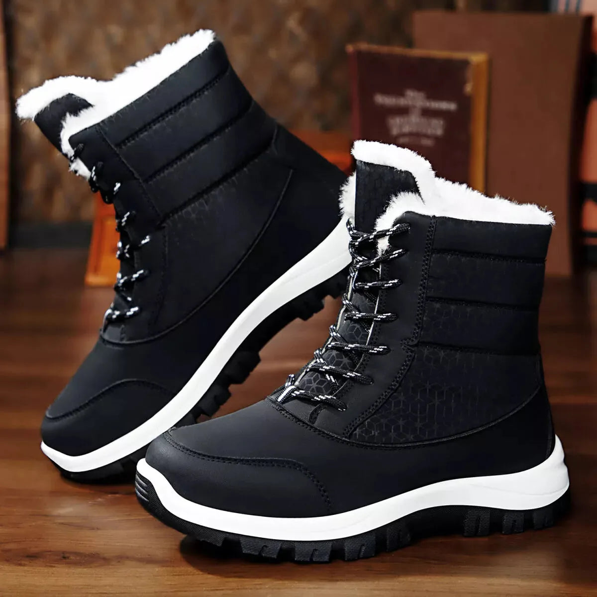Faux Fur Lined Lace-Up Winter Snow Boots with Low Heel – Black, Red or White - image 2