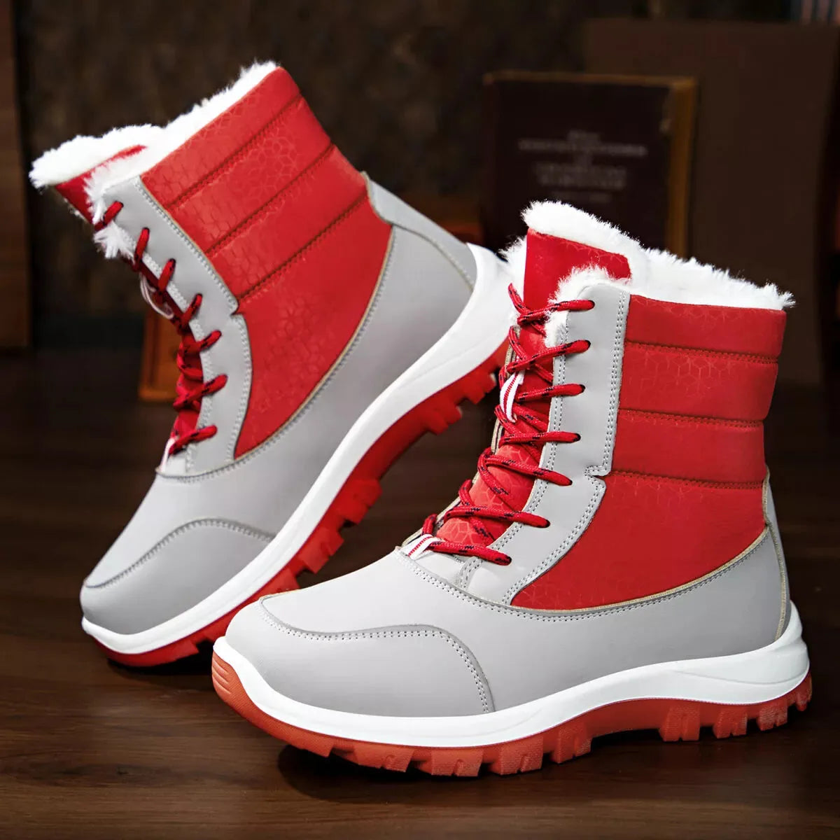 Faux Fur Lined Lace-Up Winter Snow Boots with Low Heel – Black, Red or White - image 4