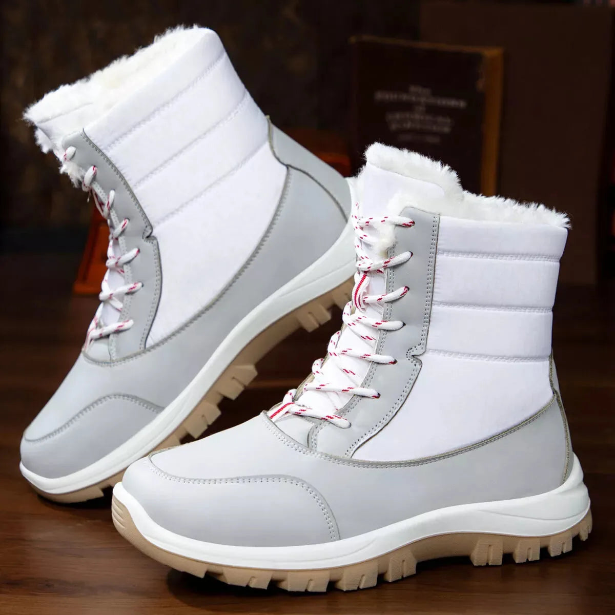 Faux Fur Lined Lace-Up Winter Snow Boots with Low Heel – Black, Red or White - image 6