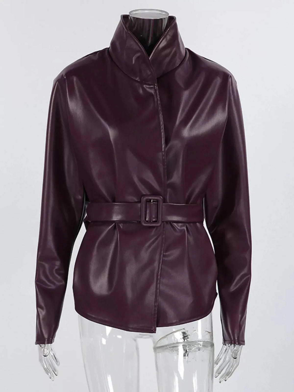 Faux Leather Belted Jacket with Stand Collar and Seam Detail – Burgundy - image 1