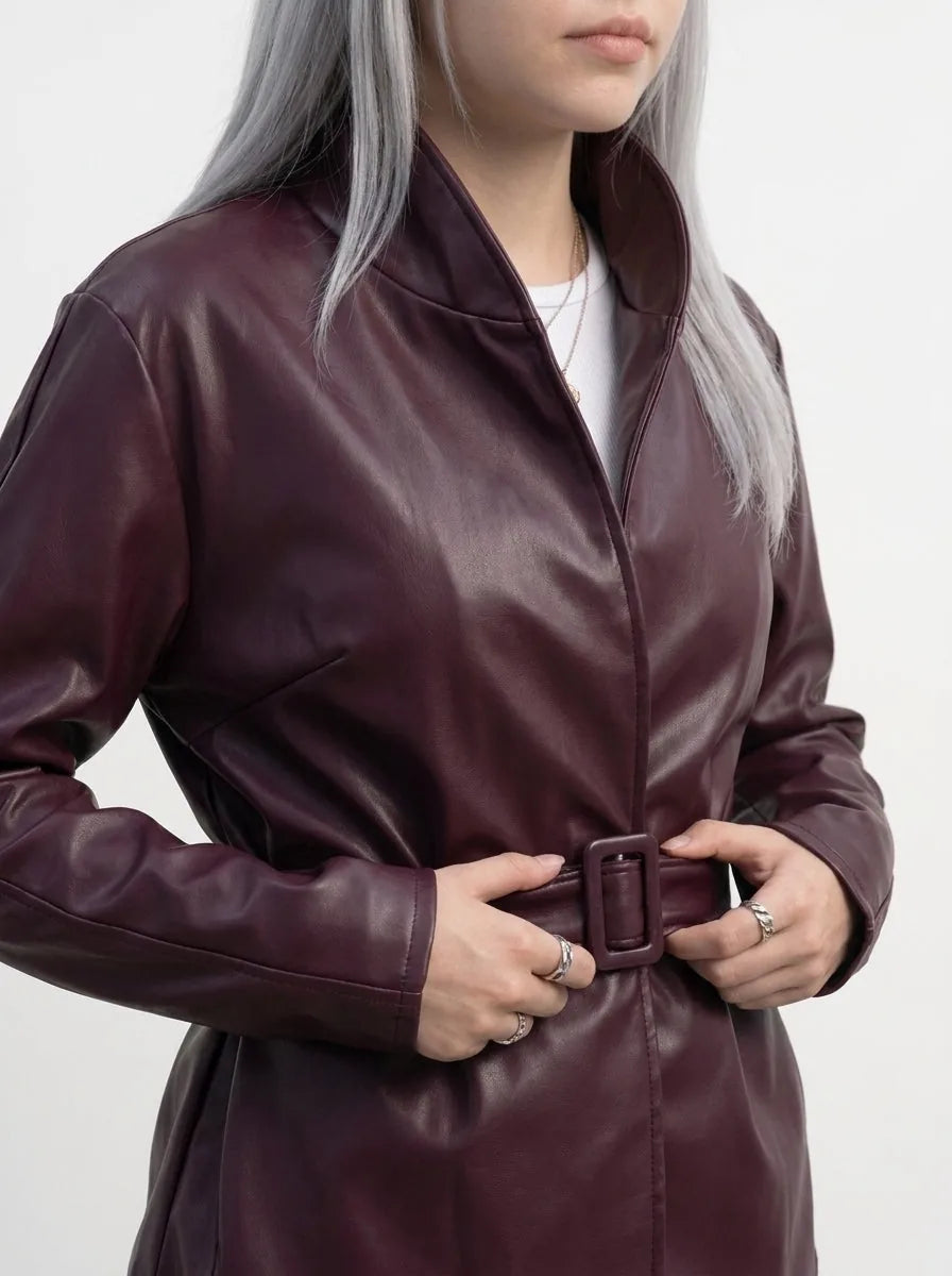 Faux Leather Belted Jacket with Stand Collar and Seam Detail – Burgundy - image 2