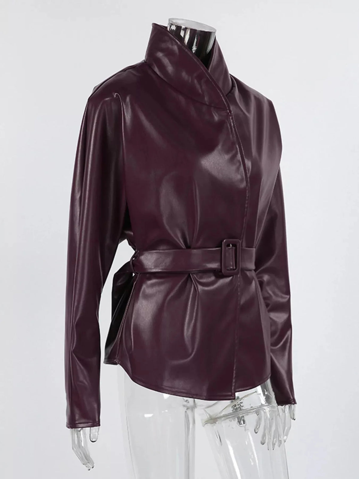 Faux Leather Belted Jacket with Stand Collar and Seam Detail – Burgundy - image 3