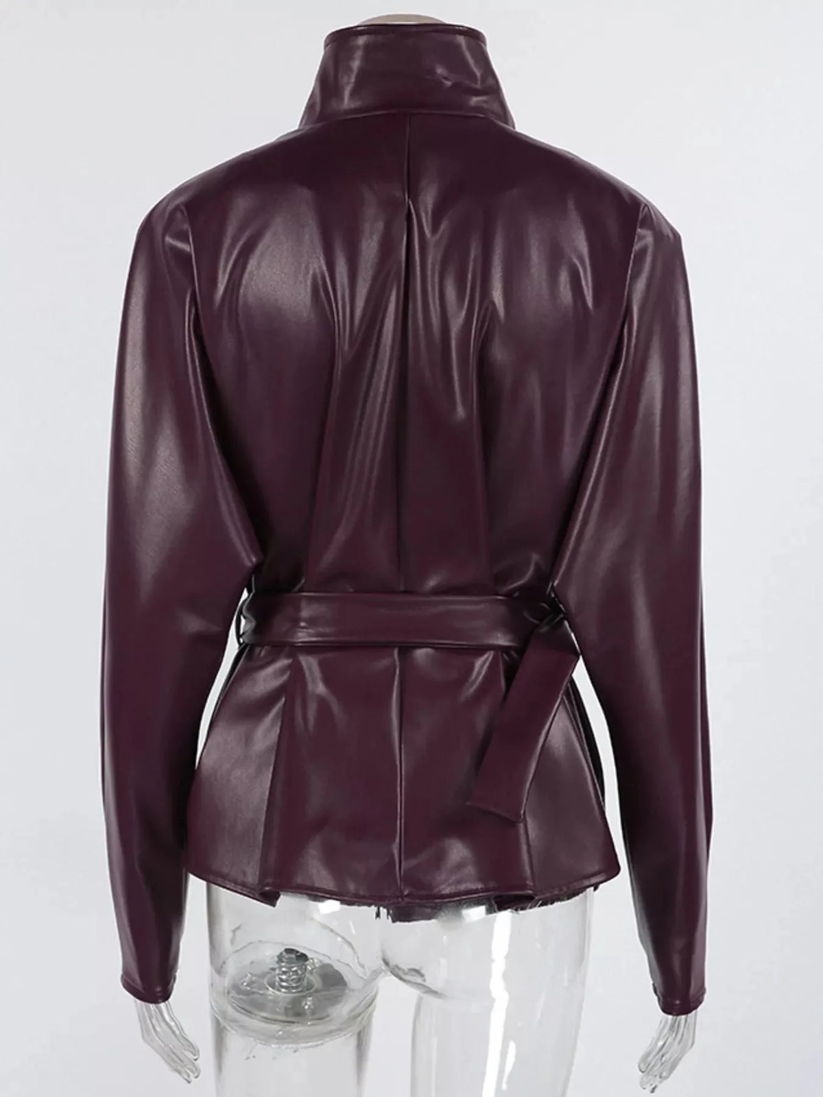 Faux Leather Belted Jacket with Stand Collar and Seam Detail – Burgundy - image 4