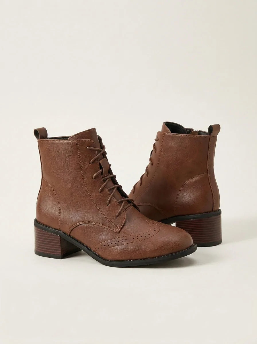 Faux Leather Lace-Up Ankle Boots with Side Zip and Block Heel – Black or Dark Brown - image 1