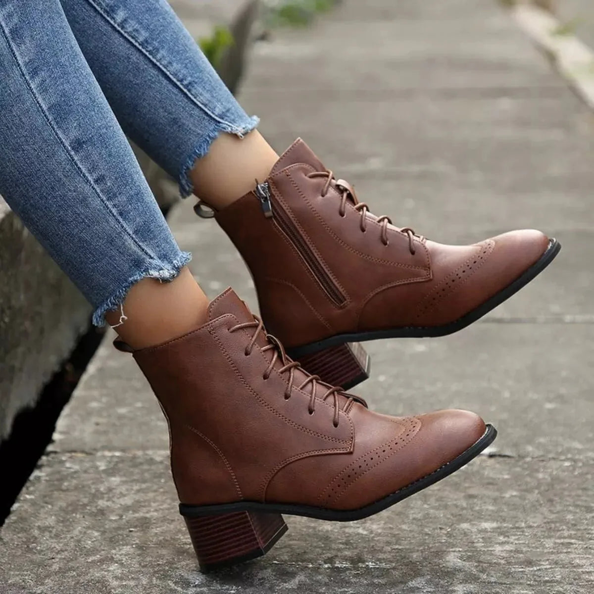 Faux Leather Lace-Up Ankle Boots with Side Zip and Block Heel – Black or Dark Brown - image 3