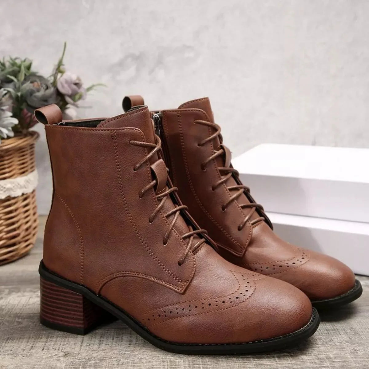 Faux Leather Lace-Up Ankle Boots with Side Zip and Block Heel – Black or Dark Brown - image 4