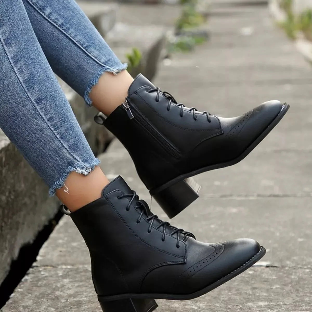 Faux Leather Lace-Up Ankle Boots with Side Zip and Block Heel – Black or Dark Brown - image 7