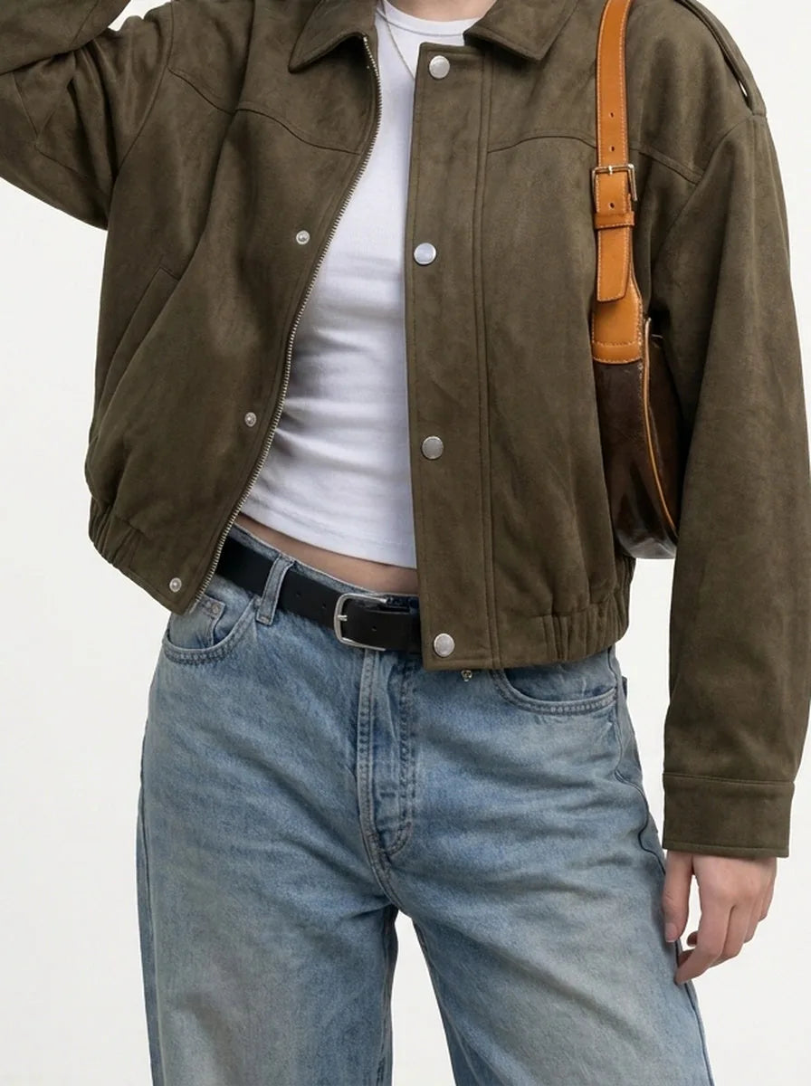Faux Suede Cropped Bomber Jacket with Collar and Zip Front – Army Green - image 1