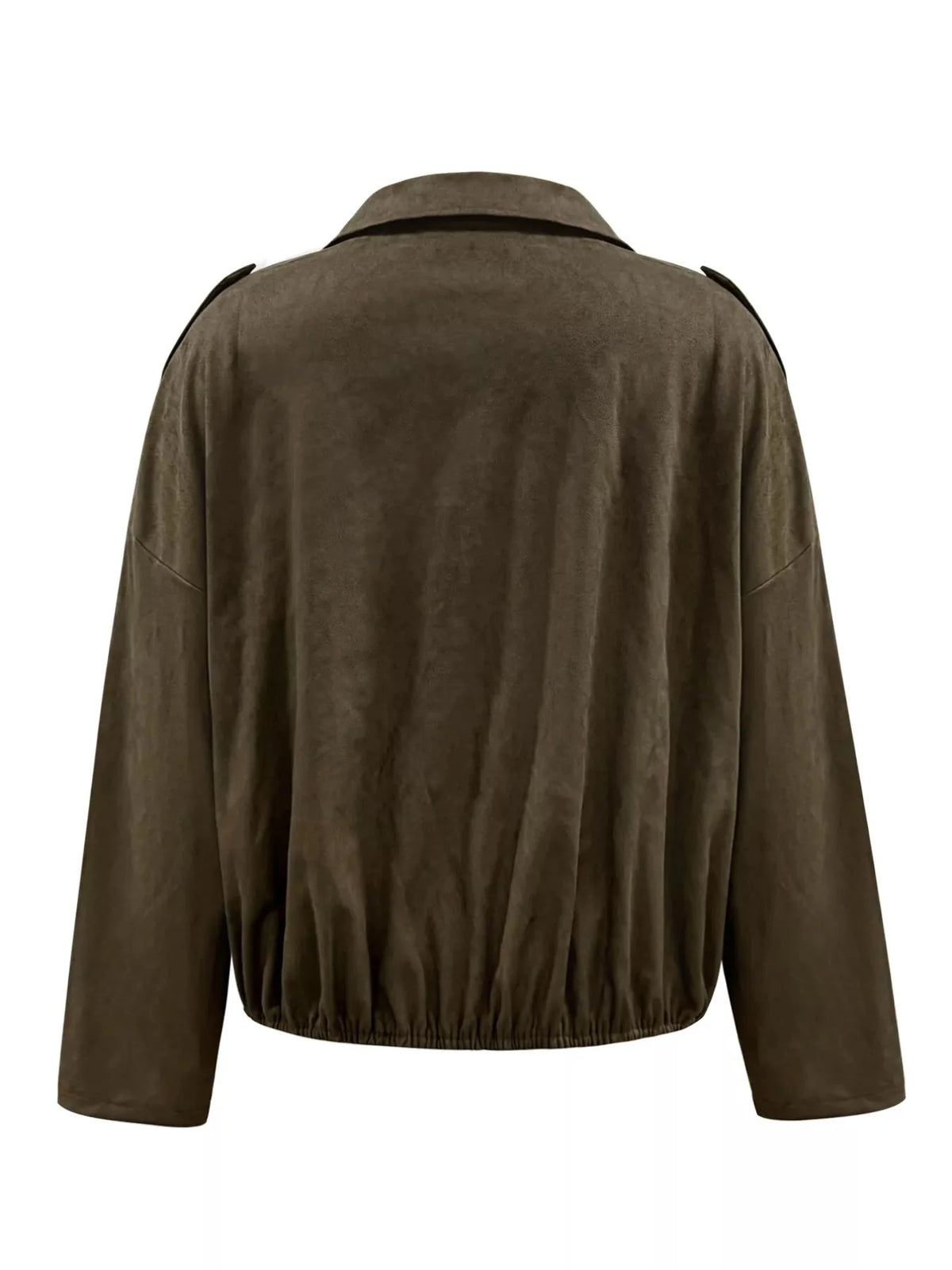 Faux Suede Cropped Bomber Jacket with Collar and Zip Front – Army Green - image 2