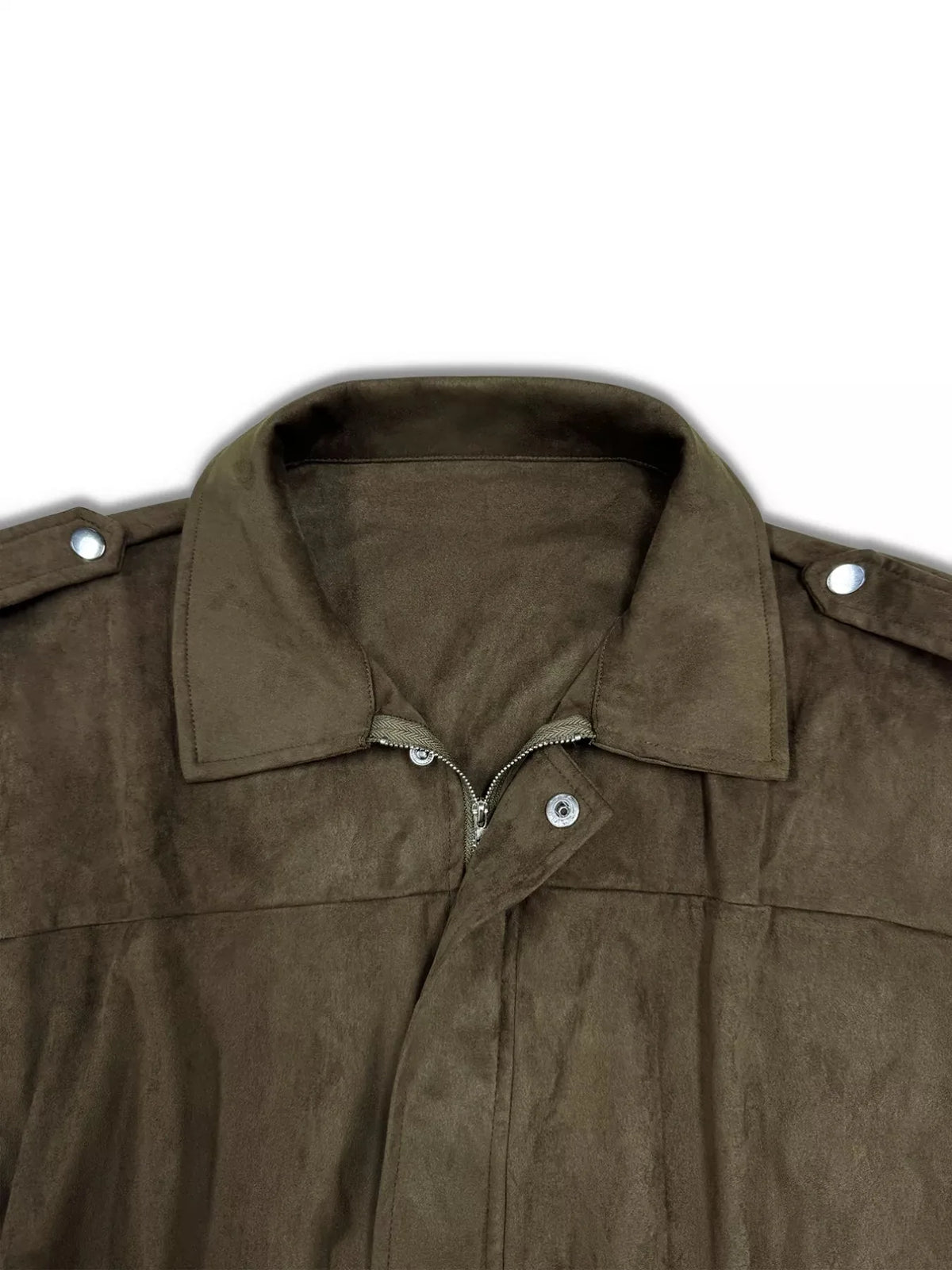 Faux Suede Cropped Bomber Jacket with Collar and Zip Front – Army Green - image 3