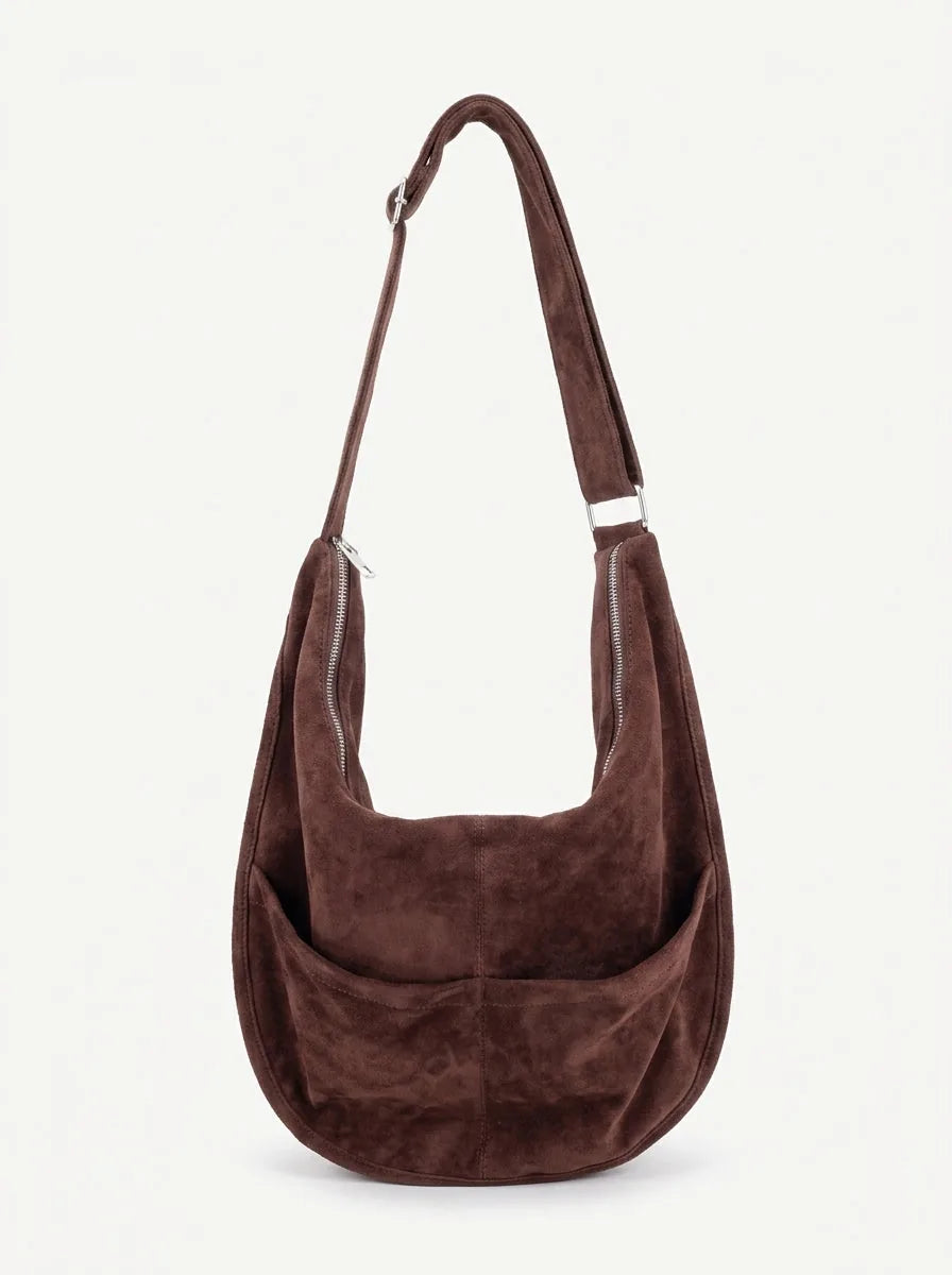 Faux Suede Hobo Shoulder Bag with Outer Pockets - image 1