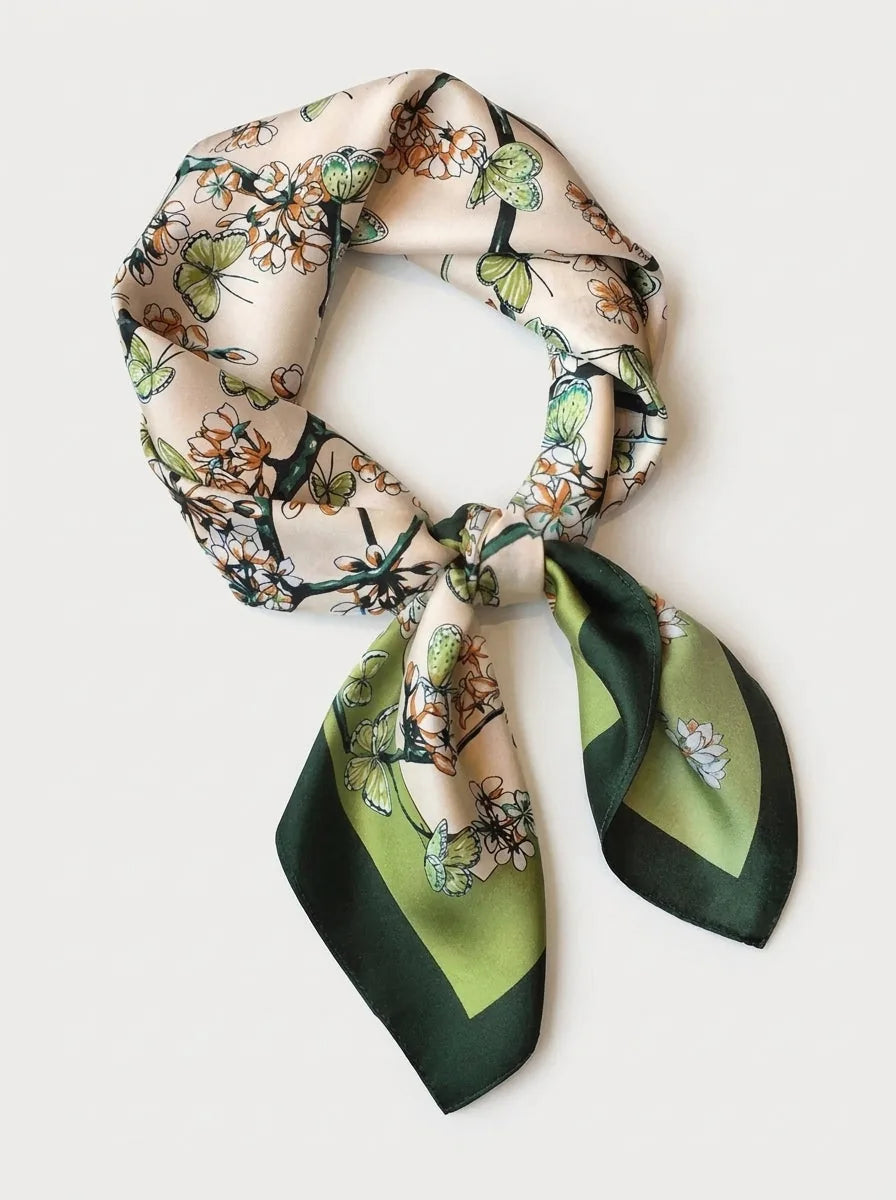 Floral Print Silk Scarf in Dark Green, 26 Inch Square - image 1