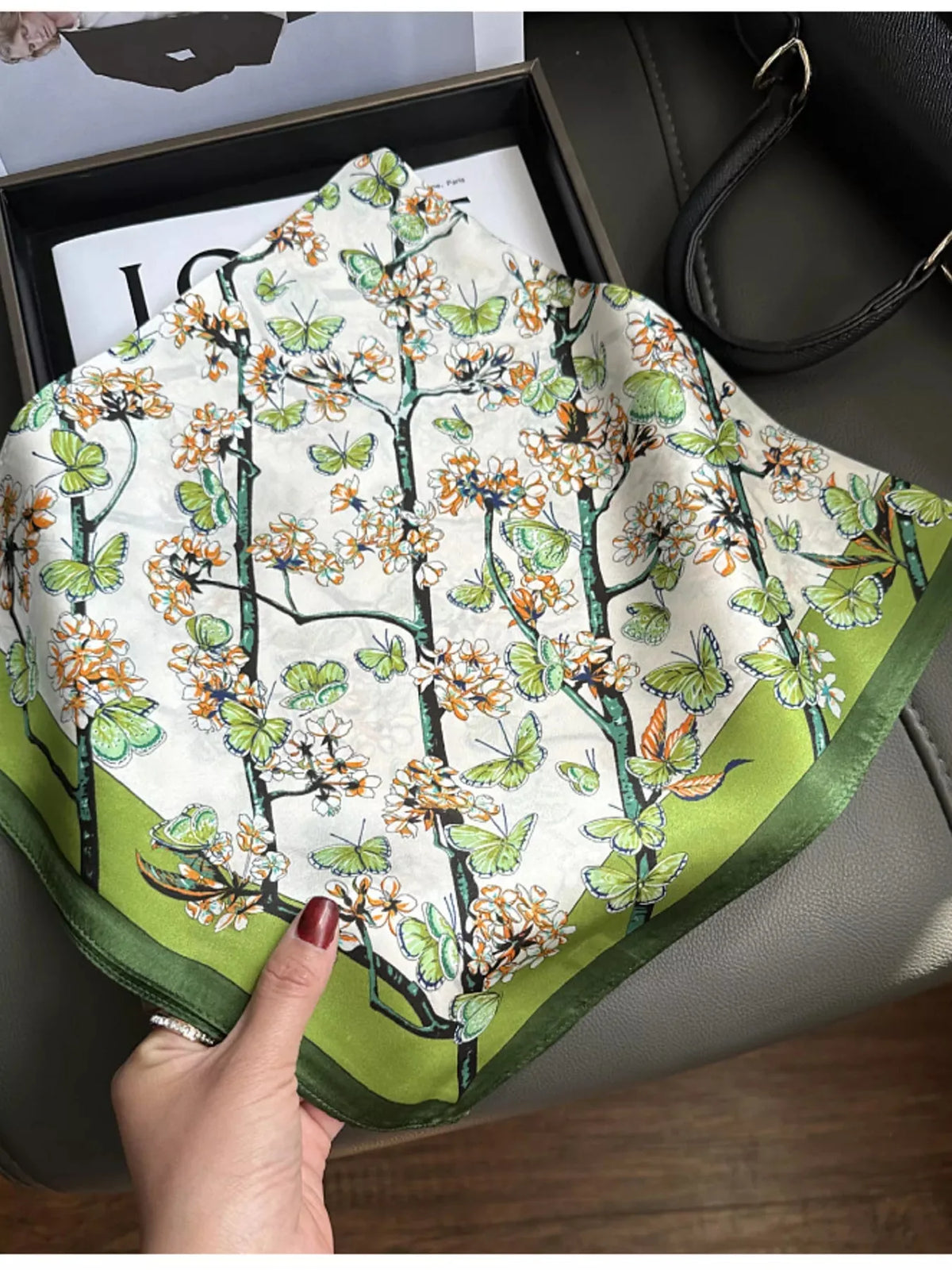 Floral Print Silk Scarf in Dark Green, 26 Inch Square - image 2