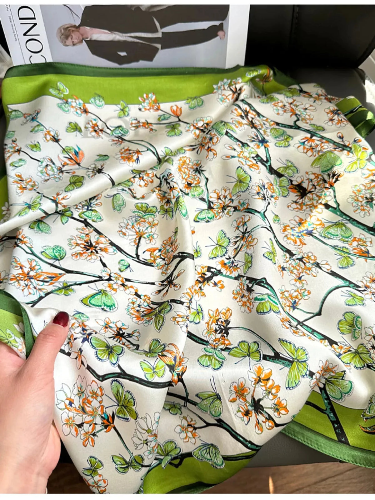 Floral Print Silk Scarf in Dark Green, 26 Inch Square - image 3