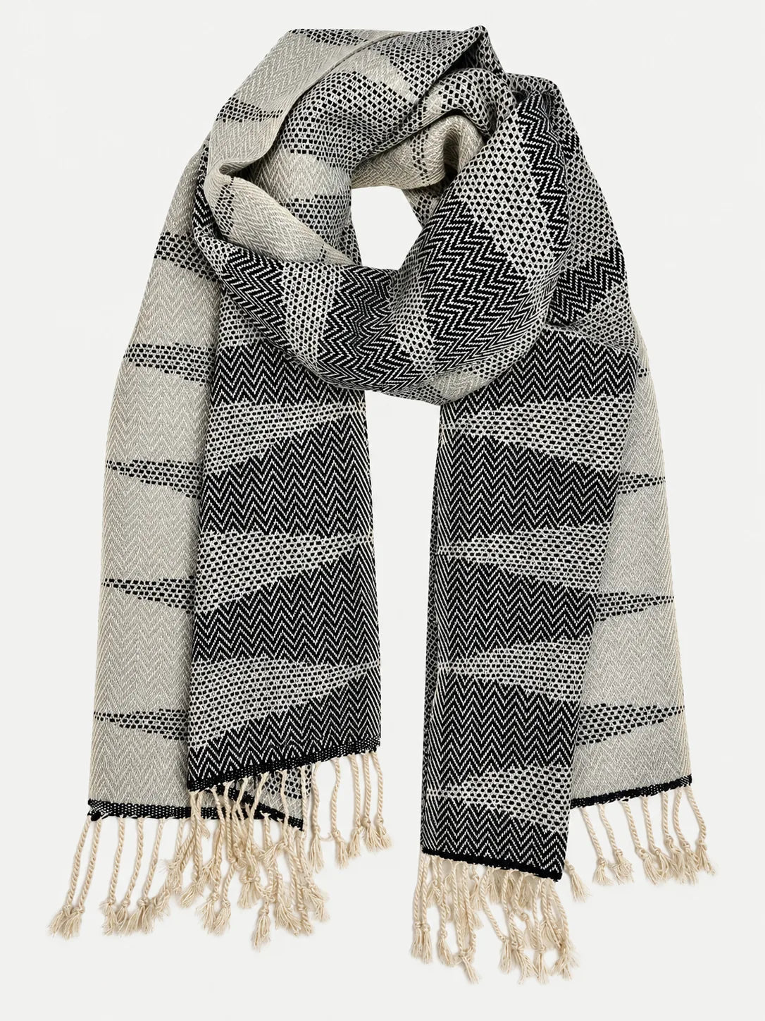 Handwoven Chevron Cotton Scarf with Knotted Tassels, 68 Inch – Eclipse, Flax or Autumn - image 3