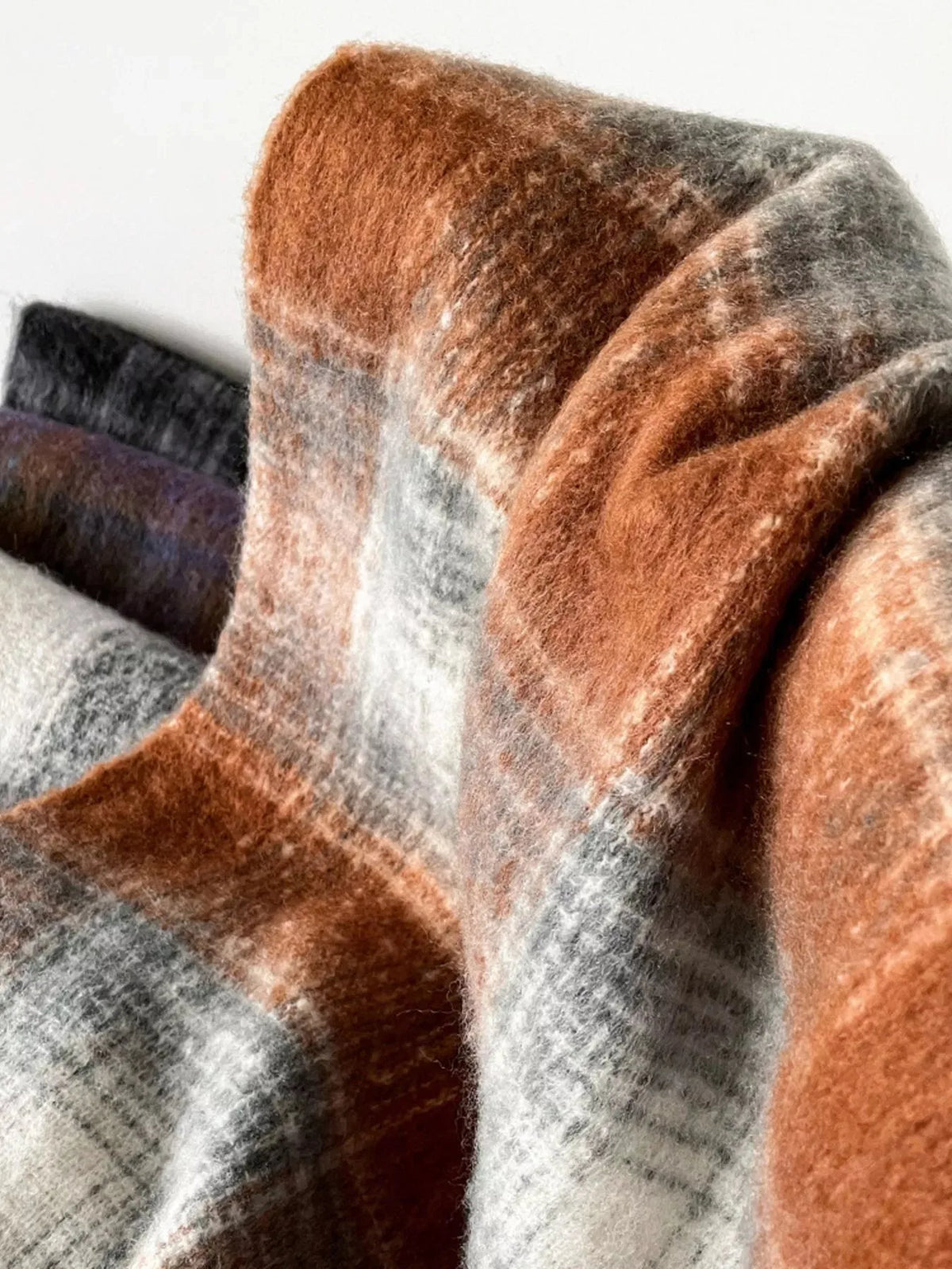 Long Plaid Scarf with Fringe, 84 Inch – Rust Brown & Grey - image 2