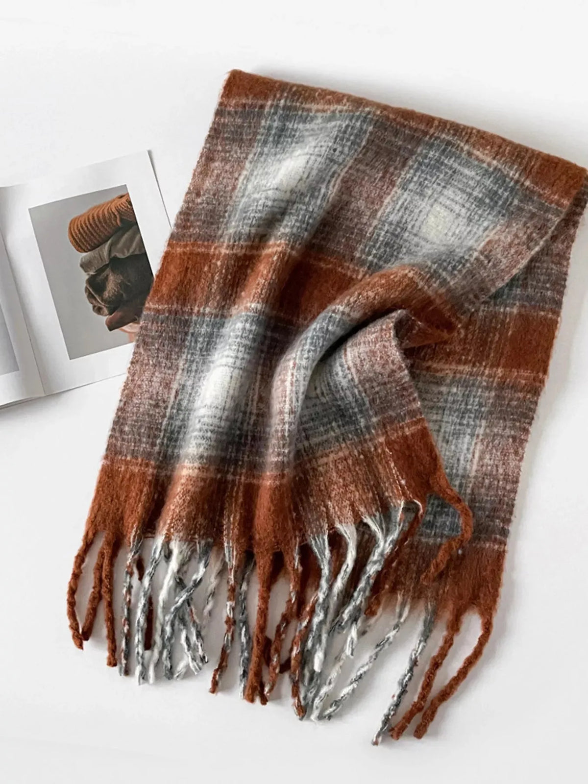 Long Plaid Scarf with Fringe, 84 Inch – Rust Brown & Grey - image 5