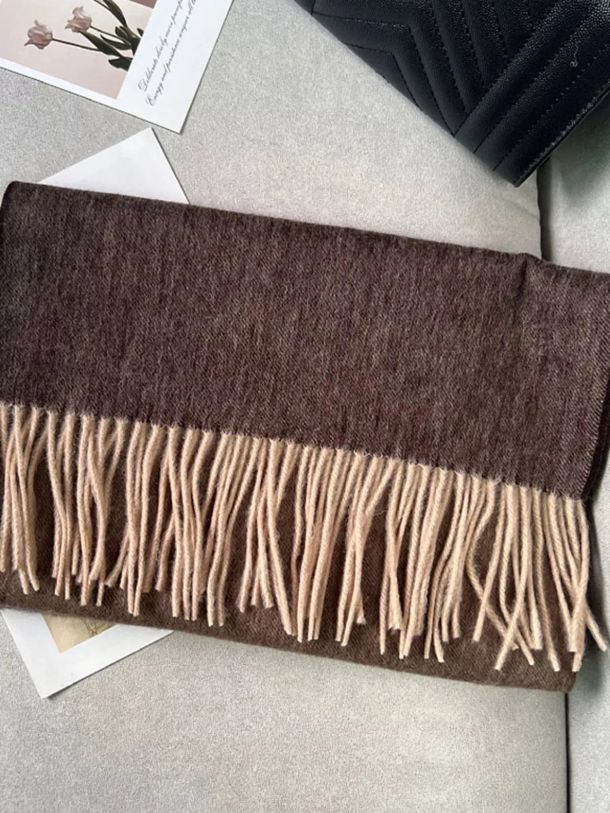 Long Wool Color Block Fringe Scarf, 76 Inch - image 7