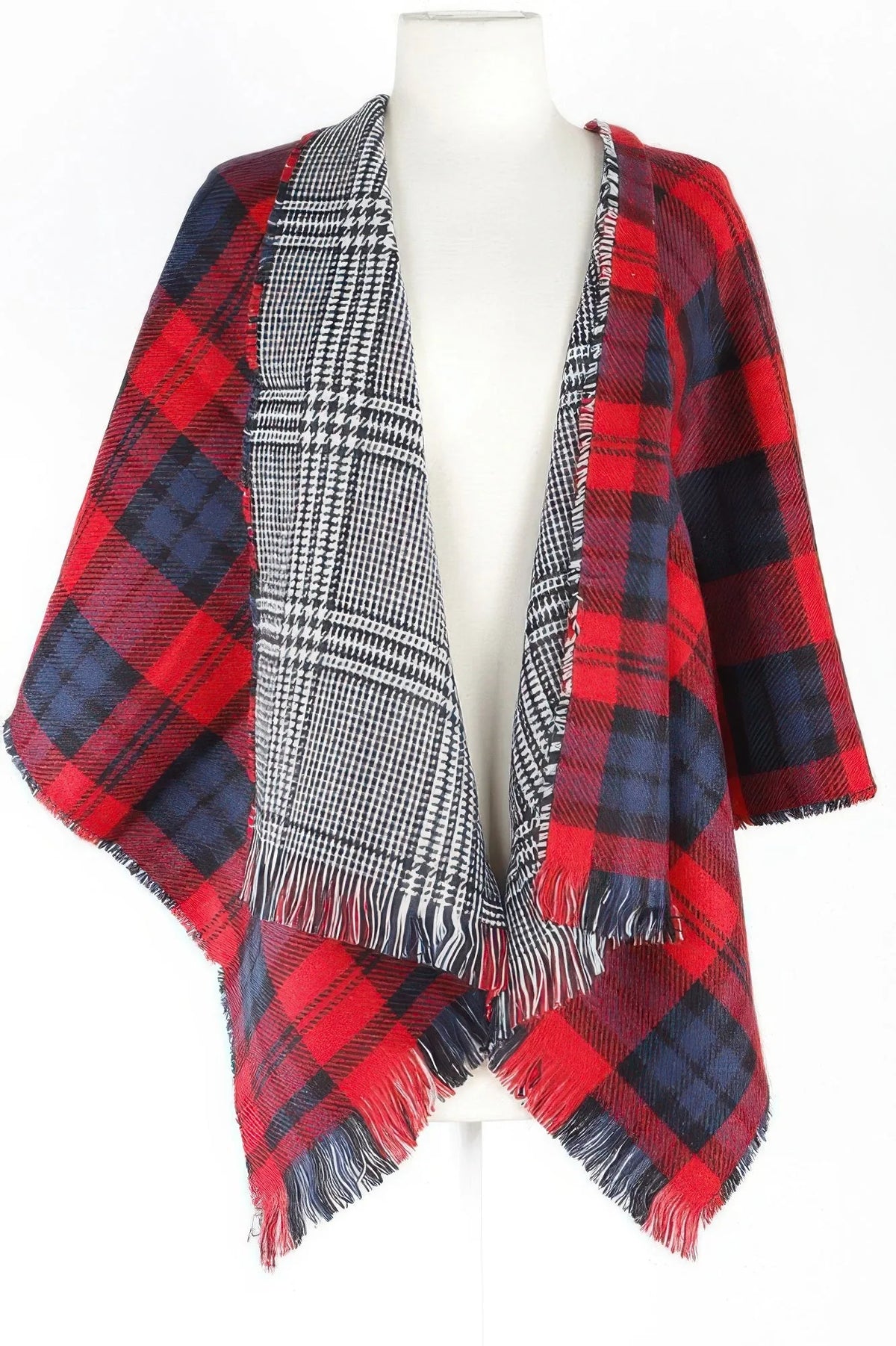 Plaid Blanket Scarf with Fringe, 30 x 78 Inch – Black & White or Red - image 2