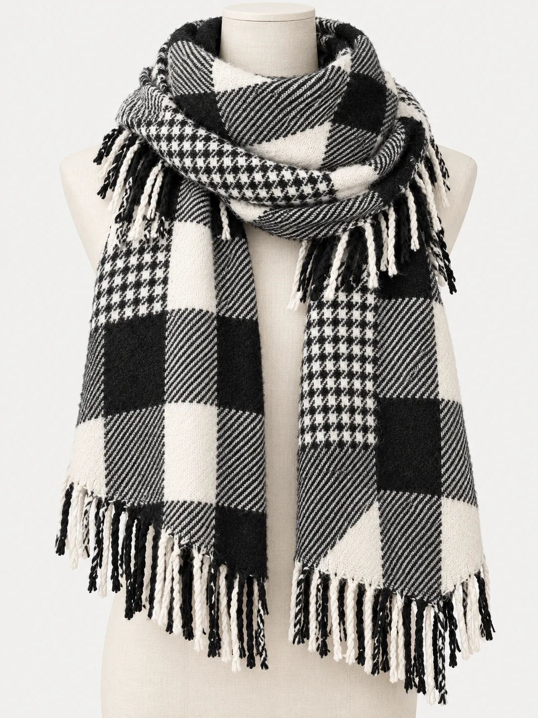 Plaid Blanket Scarf with Fringe, 30 x 78 Inch – Black & White or Red - image 3
