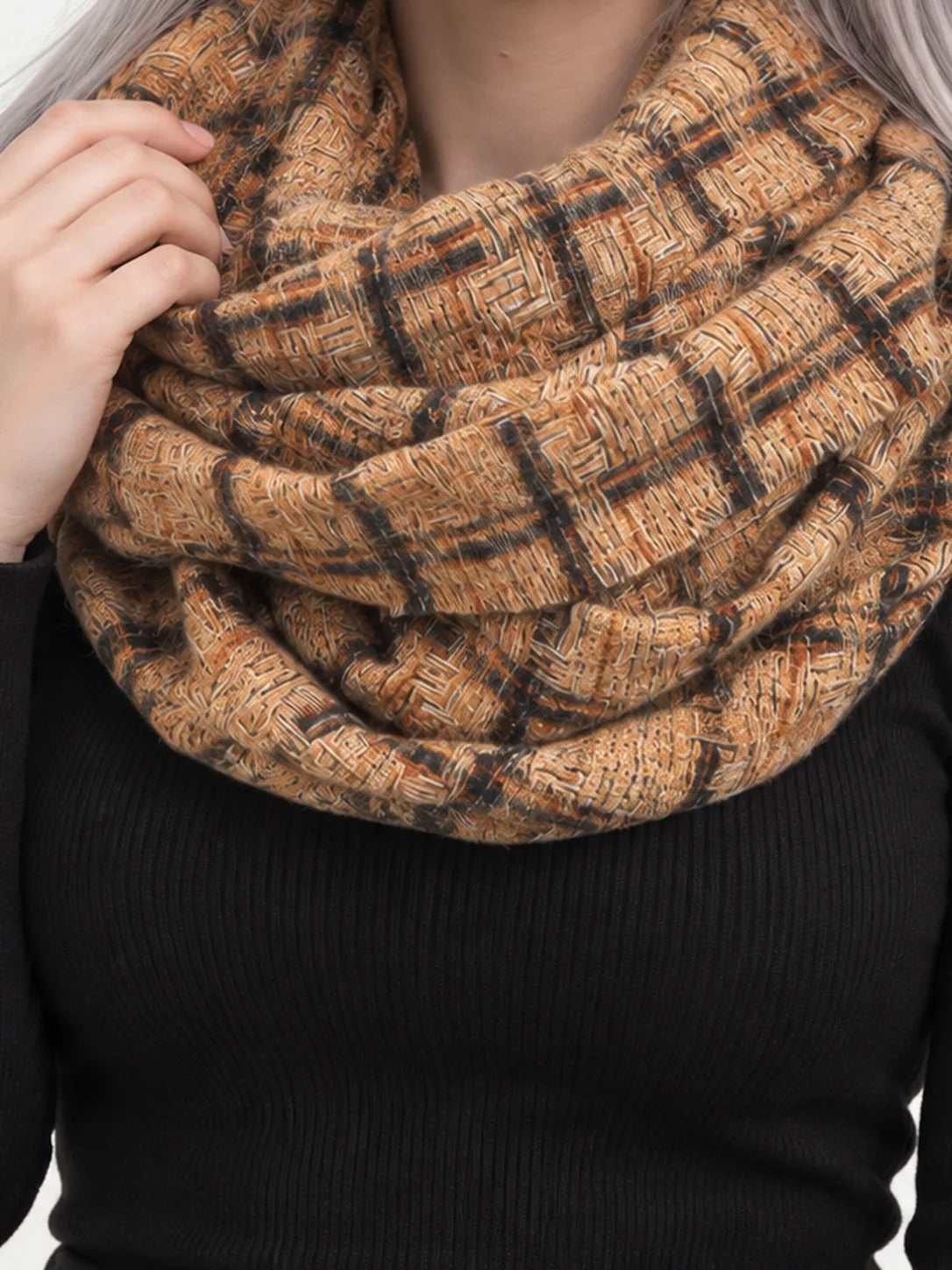 Plaid Infinity Loop Scarf in Soft Polyester – Brown or Taupe - image 3