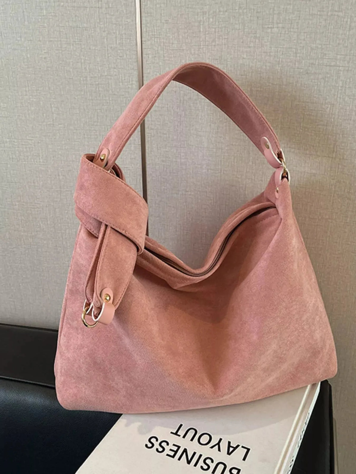 Slouchy Faux Suede Shoulder Bag with Knot Detail - image 2