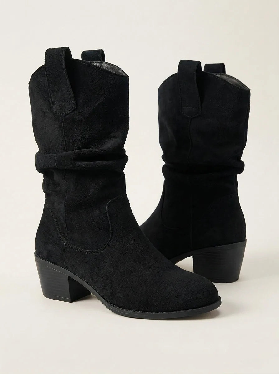 Slouchy Suede Western Mid-Calf Boots with Block Heel – Black or Dark Brown - image 1
